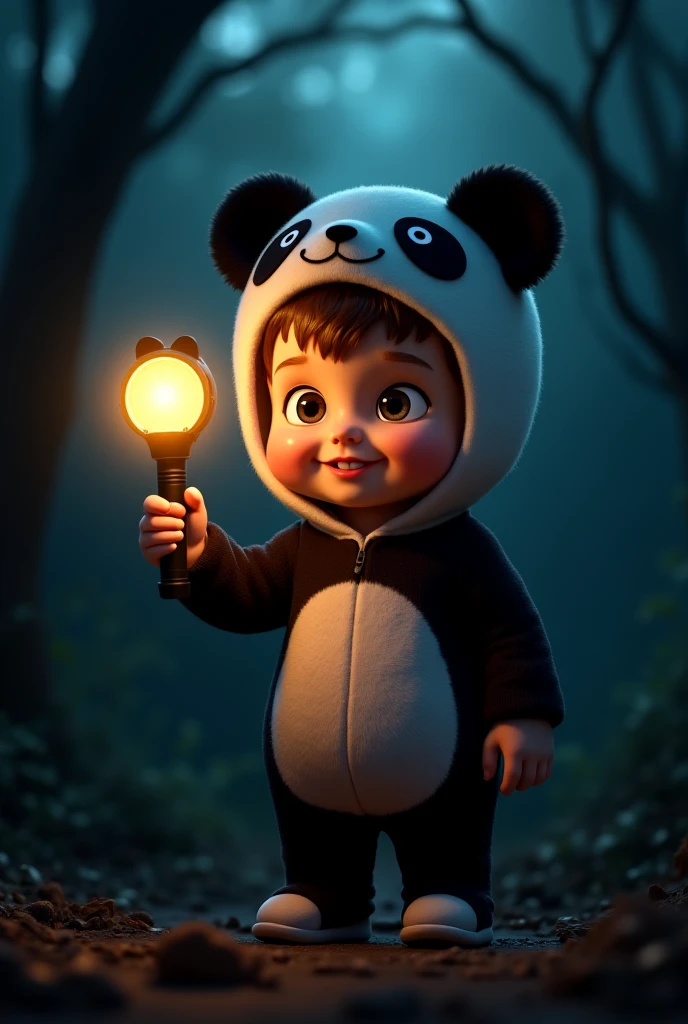 4K HD quality，Ridily scene details，A cute chubby little girl，Double bun and bangs，Wear a white panda hood，Very happy，With a torch，full body shot shot