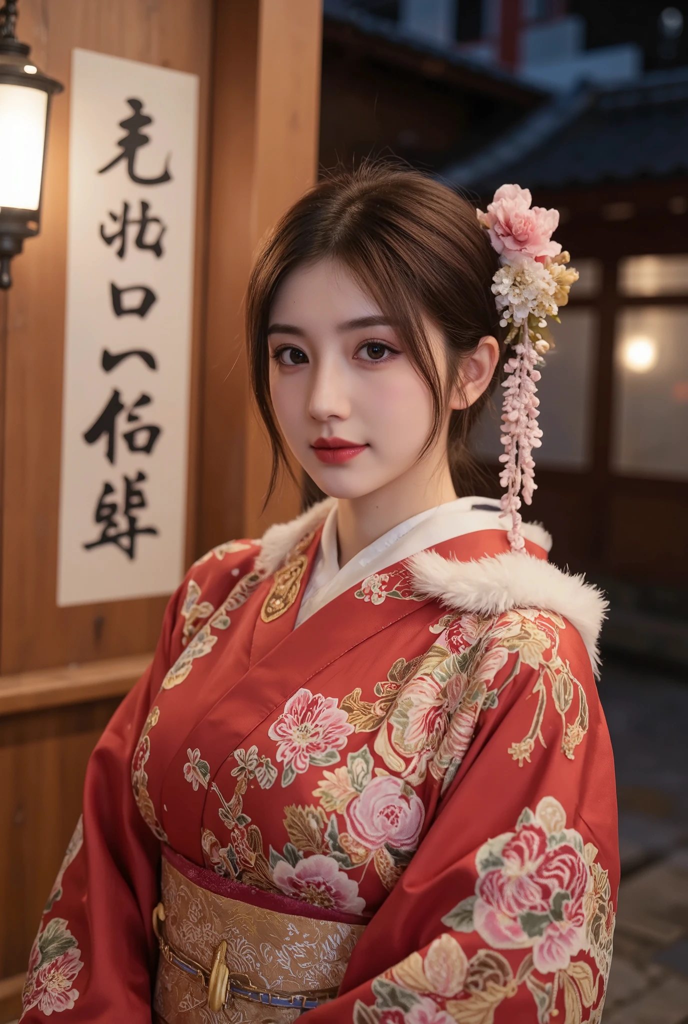 masterpiece, best quality, cute girl in kawaii intricate ornate flower embroidery red kimono at a shrine,winter, cinematic lighting,haregi,furisode,faux fur collar,japanese hair ornament,looking at viewer, [[[happy]]],{{{realistic}}}