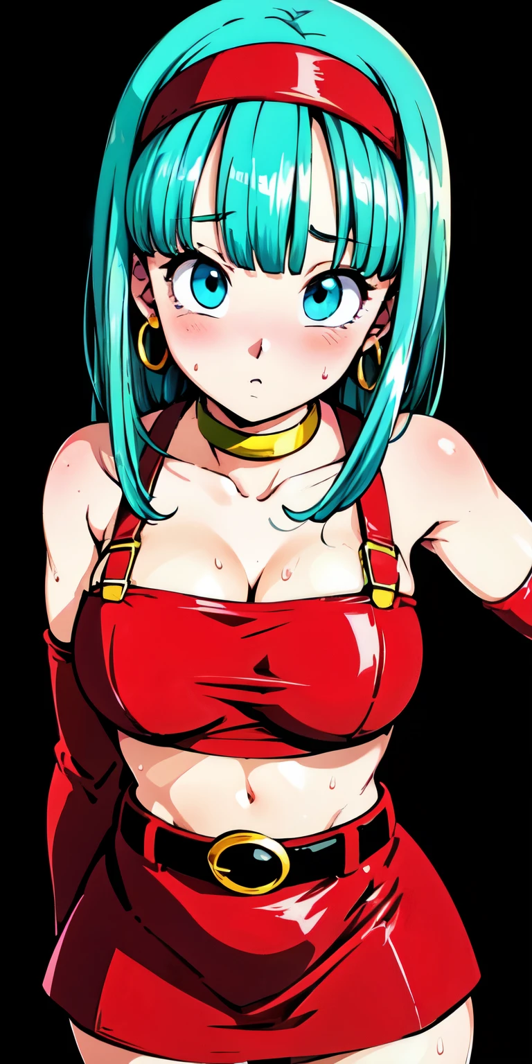 1 Female,High definition,high resolution,Ultra-realistic,8K,bulla, 1girl, solo, long hair, straight hair, blunt bangs, aqua hair, blue eyes, eyelashes,
red hairband, elbow gloves, red gloves, fingerless gloves, red crop top, midriff, bare shoulders, belt, hoop earrings, bridal gauntlets, red skirt, thigh boots, red footwear,European,sexy,Upper body close-up,Photographed from the front,Dynamic Angles,blush, (big tits),cute face, facial, sweat, perfect face, perfect body,(wide thighs:1.3),cute face,(arms behind head)