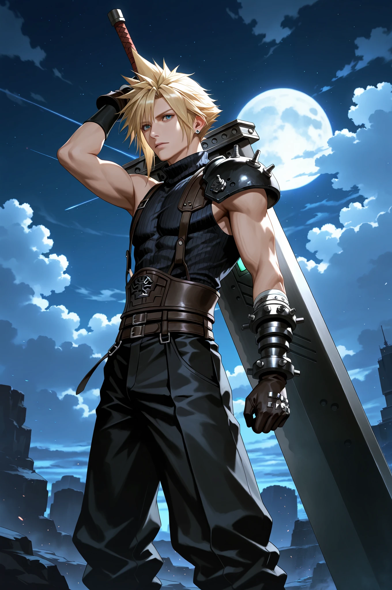 masterpiece, best quality, 2.5D, realistic, buster sword, holding buster sword, 1man, Cloud Strife, final fantasy, 1man, blonde_hair, outside, night time