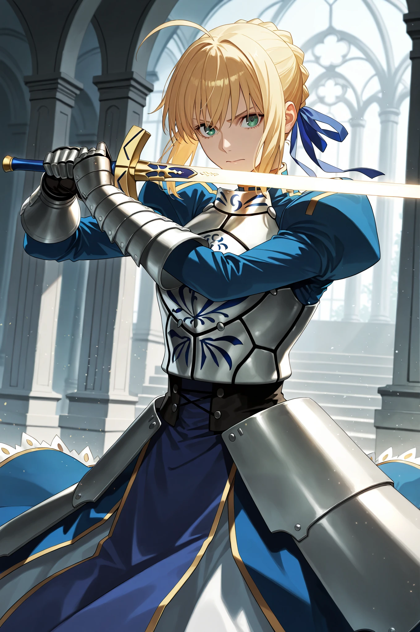 masterpiece, best quality, 2.5D, realistic, ,weapon, holding sword, 1girl, saber, fate_(series), 1girl, blonde_hair, green_eyes, tied hair