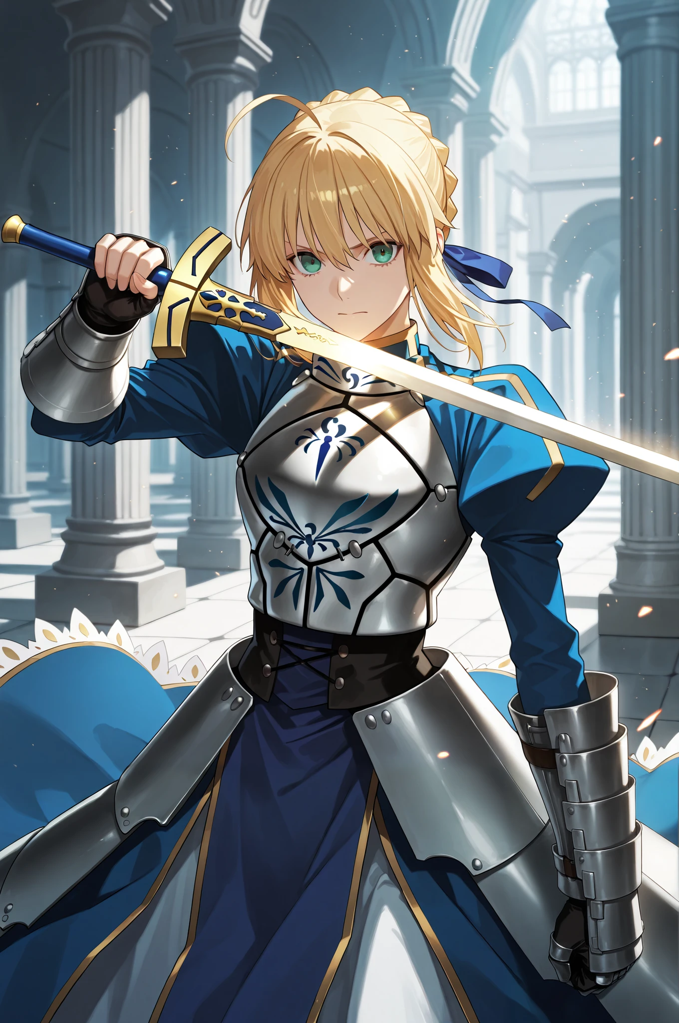 masterpiece, best quality, 2.5D, realistic, ,weapon, holding sword, 1girl, saber, fate_(series), 1girl, blonde_hair, green_eyes, tied hair
