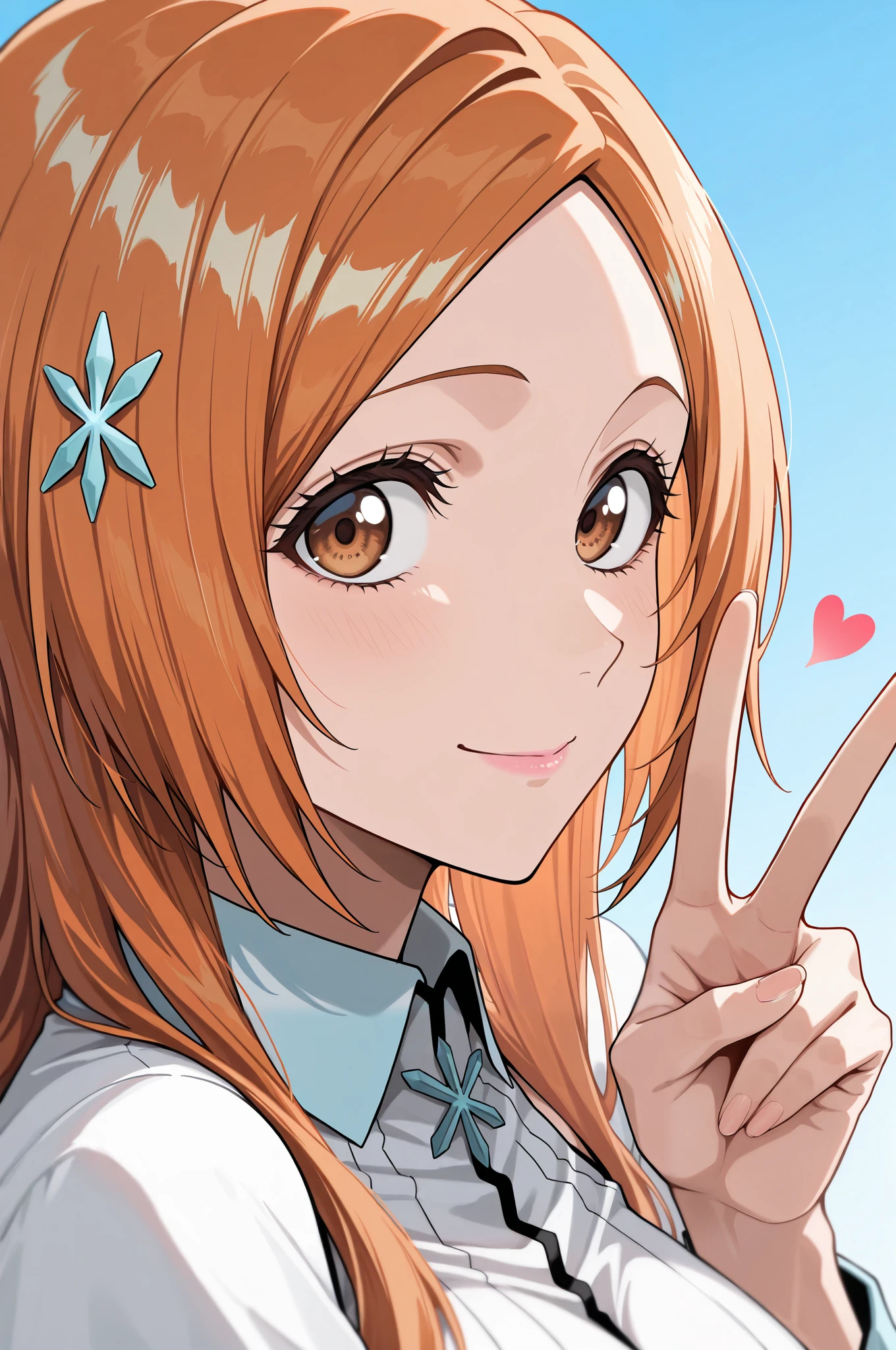 masterpiece, best quality, amazing quality, very aesthetic, absurdres, newest, scenery,highly detailed,high-resolution,close-up portrait,female,woman,inoue orihime,bleach,orange hair,long hair,brown eyes,fair skin,glossy texture,pink lips,white collared shirt,simple background,blue background,v sign,one hand,heart,focused subject,sharp focus,medium depth of field,slight smile,looking at viewer,from the side,clean lines,smooth lines,sharp,masterpiece, best quality, amazing quality, very aesthetic, absurdres, newest, scenery