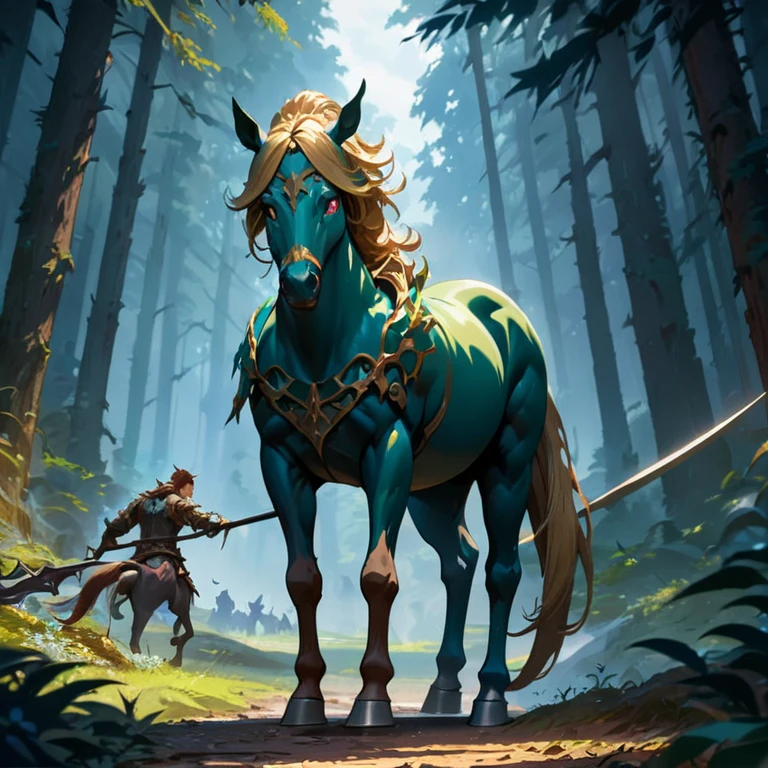 a centaur in a forest, looking into the distance, wary of the surroundings, dignified face, strong gaze, beautiful detailed eyes, beautiful detailed lips, extremely detailed face, horse, 1 centaur, (best quality,4k,8k,highres,masterpiece:1.2),ultra-detailed,(anime style),concept art, fantasy, dynamic pose, dramatic lighting, vivid colors, cinematic atmosphere,(have A scythe called Deathsize),Blonde emerald Eye