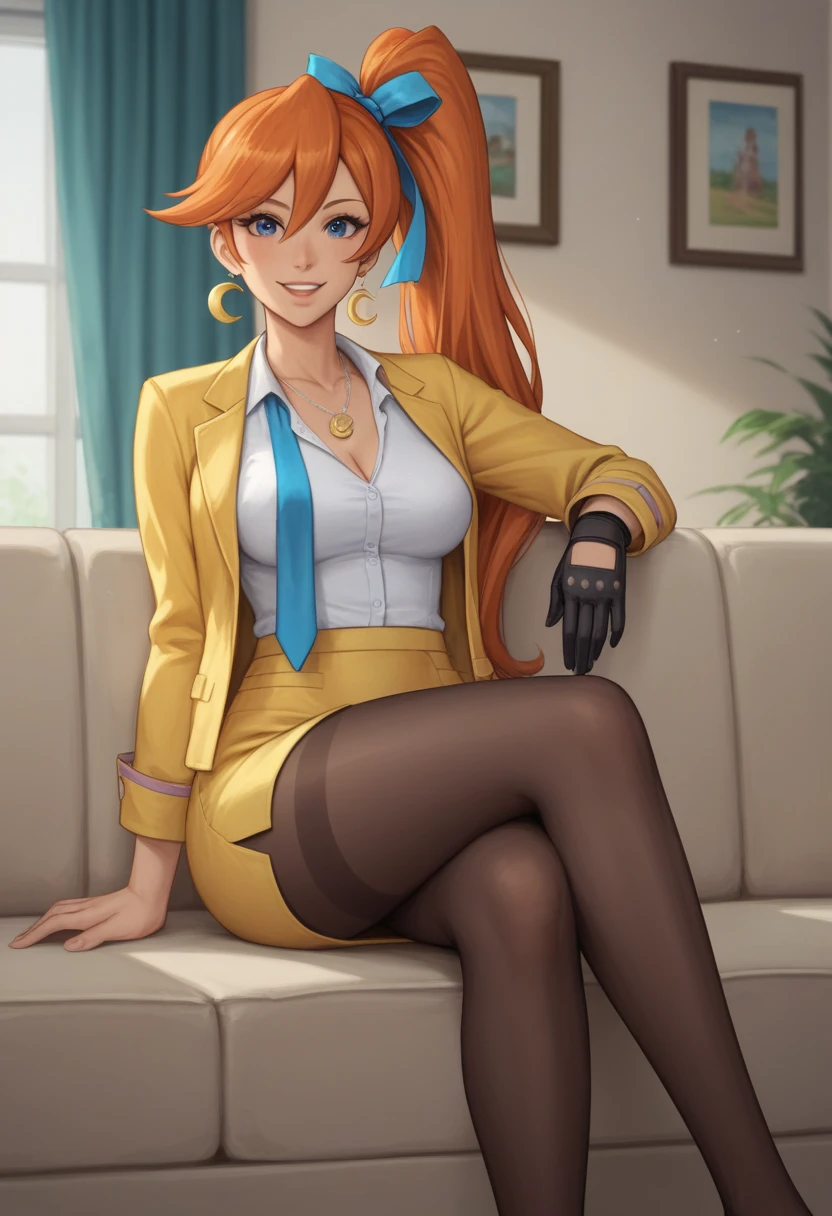 illustrioussciamano, 1 woman, young, cute young woman, mature, athena cykes, very long side ponytail, hair ribbon, orange hair, dark blue eyes,
yellow jacket, white shirt, blue necktie, single glove, yellow skirt, dark brown pantyhose, jewelry, necklace, crescent earrings, white short boots,  large perky breasts, wide hips, slim body, sitting on sofa, living room, crossed legs, happy, full body view, full body.