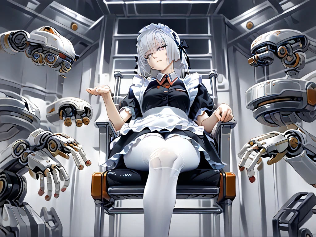 masterpiece, best quality, 1 girl, solo, white hair, long straight hair, brainwashed, covered on a head-mounted display, (((shackled to a chair))), collar, dark machine room