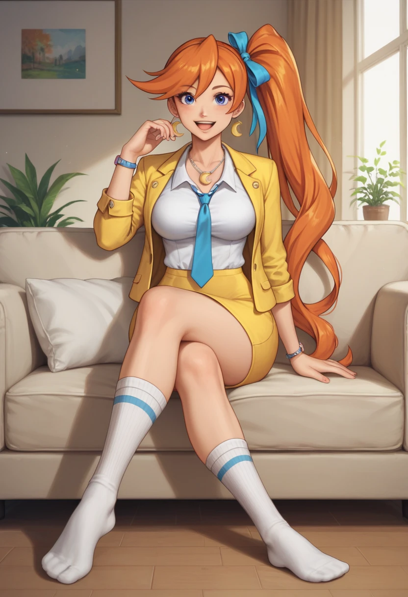 illustrioussciamano, 1 woman, young, cute young woman, mature, athena cykes, very long side ponytail, hair ribbon, orange hair, dark blue eyes, yellow jacket, white shirt, blue necktie, single glove, yellow skirt, long wite socks, jewelry, necklace, crescent earrings, no shoes, large perky breasts, wide hips, slim body, sitting on sofa, living room, crossed legs, happy, full body view, full body.