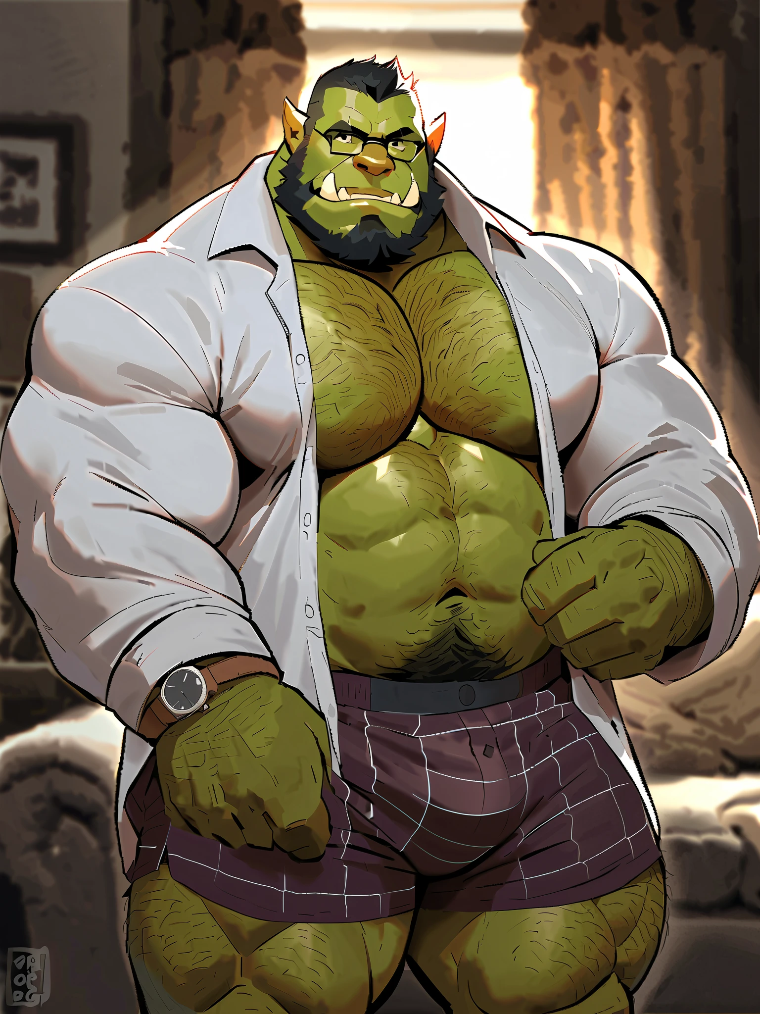 Green skinned bara orc, very large pecs, strong physique, very muscular with a belly, belly, alpha male, perfect anatomy, strong square jaw, masterpiece, black bushy beard, black eyes, thick black frame square glasses, lustful eyes looking at viewer, strong jaw, giant biceps, bare chested, long sleeve white dress shirt unbuttoned, loose fitting unbuttoned shirt, hairy pectorals, hairy chest, military orc daddy, small belly, no six pack muscles, solo, in loose fitting plaid old fashioned boxers, underwear, XXXXL straight boxers, 5" inseam boxers, fly in front with button boxers, broad waistband, watch on wrist, big muscle ass, great indoor lighting, hairy, nude, king Orc, very manly, dad living room theme, glow of the TV in the background, playful expression, grabbing crotch bulge with hand
