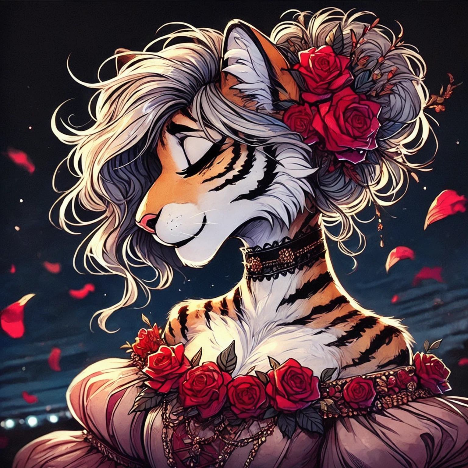 A tiger, Female Furry, antromorfo, skinny,  hairstyles , hairstyle adorned with roses ,  wearing a long red dress with flowers on the edges, smile,  closed mouth , posing styles,  eyes closed ,  shower of rose petals , Evening, low lighting.