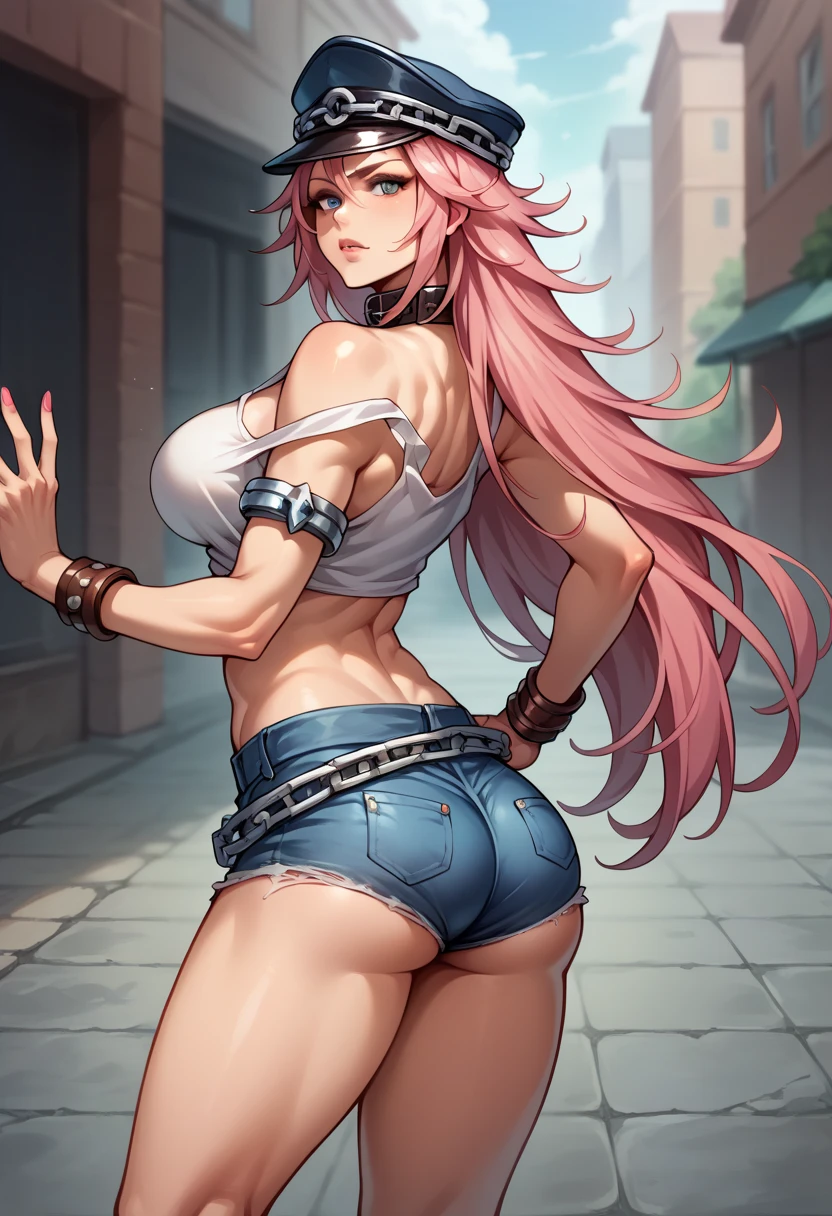 score_9, score_8_up, score_7_up, BREAK, score_9, 1girl, pink hair, long hair, peaked cap, collar, tank top, midriff, silver bracelet, off shoulder, nail polish, denim shorts, brown bracelet, armlet, chain belt, pumps, blue eyes, looking at viewer, cowboy shot, ass, from behind, street