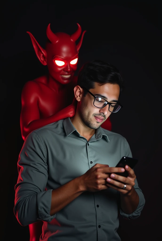 A casino demon behind a person using his cell phone in his room, encouraging her to gamble