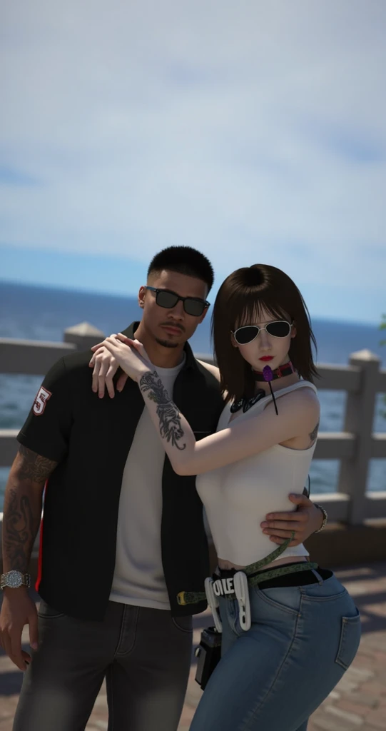 There's a man and a woman in a bikini in the water, couple pose, on a lake, Secondlife, super realistic
