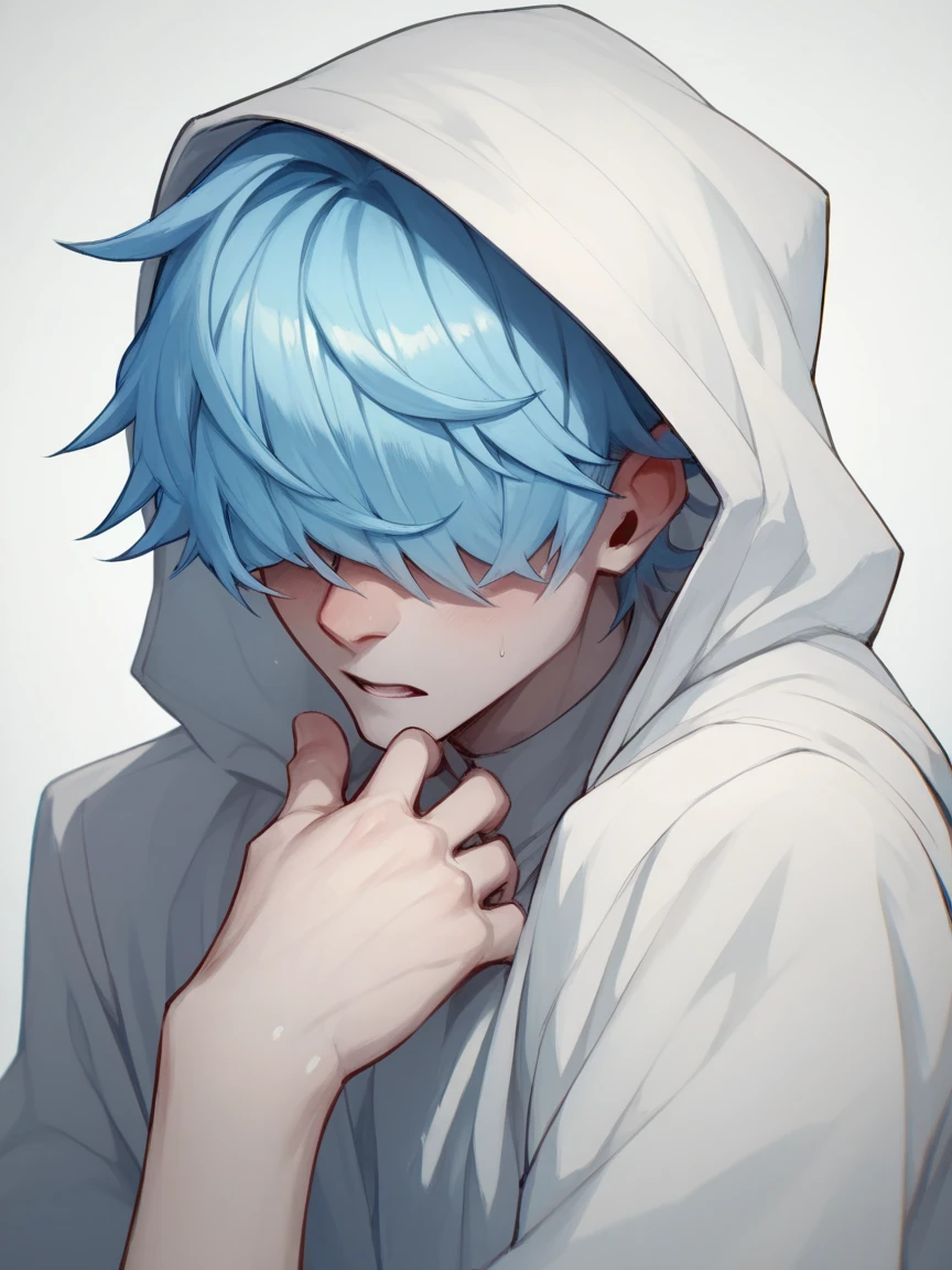 A boy with pale skin and covering his eyes with his light blue hair and wearing a white hood and showing his abdomen 