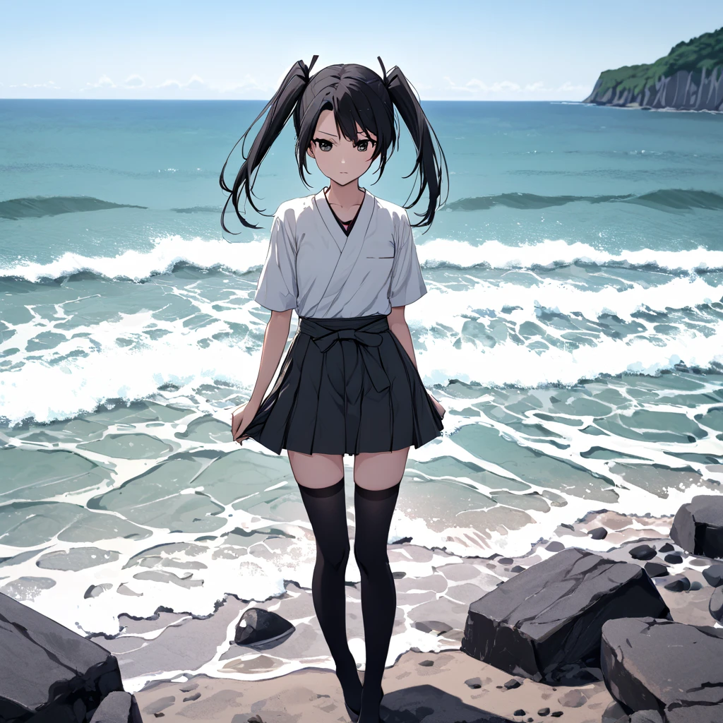 seaside, landscape, BREAK, solo, 1 skinny girl standing, zuikaku_kankore, black short hair, twintails, BREAK, wafuku, very short hakama skirt, thigh gap, inky-black thighhighs