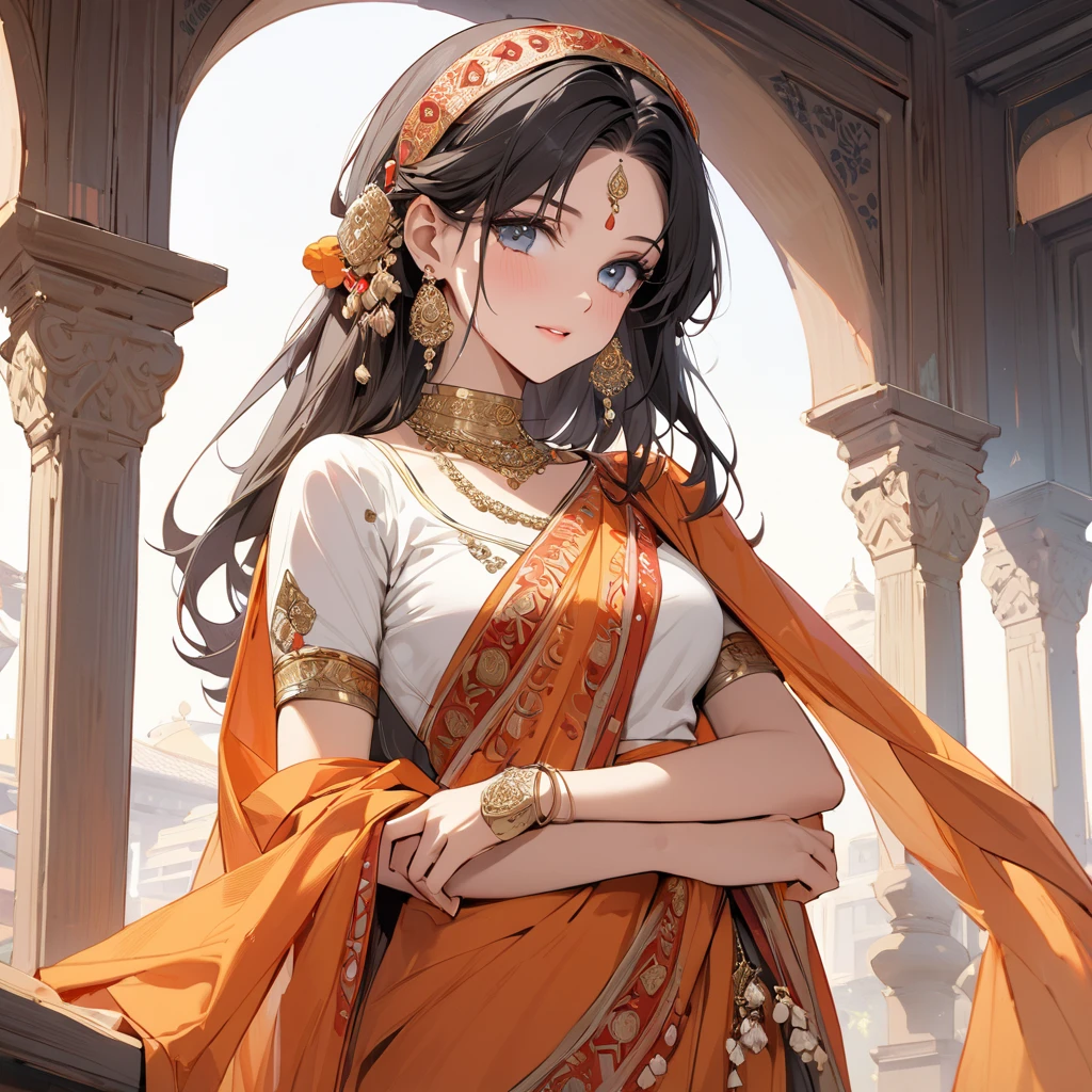 (( best quality )), ((masterpiece)), ( Details), （ perfect face）、Young and beautiful Nadia is wearing the Indian national costume sari