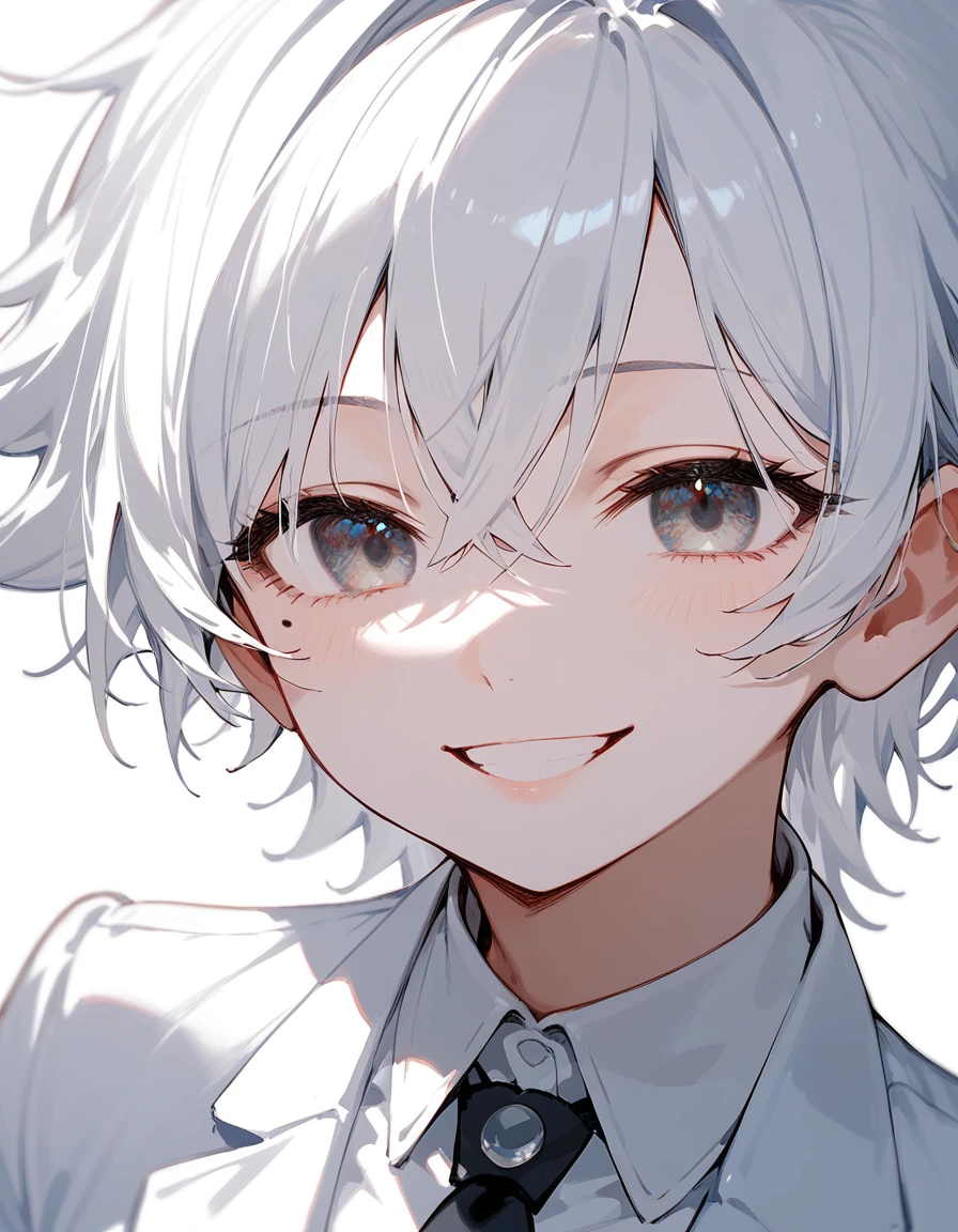 boyish,girl, White suit, white hair, close their eyes,Smile lightly,cute, Tomboy,White skin, without eyes,White pants,There is a mole on the right eye, close eyes, white gloves