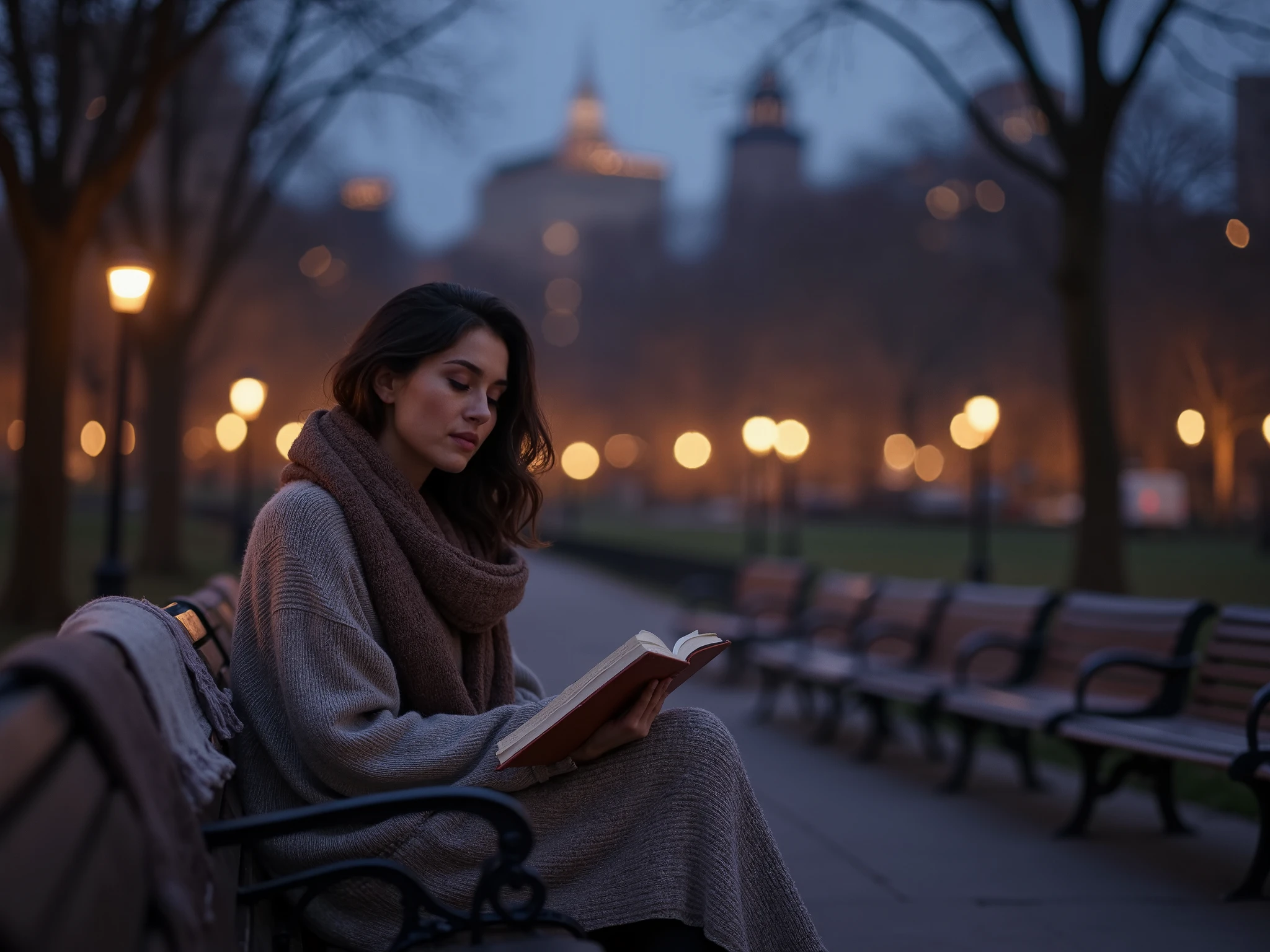 A serene view of Central Park at dusk, benches lined with cozy blankets, trees gently swaying in the breeze, and warm streetlights glowing softly. A person sitting on a bench, wrapped in a scarf, holding a journal with a dreamy expression, suggesting thoughts about sleep and creativity. Ultra realistic