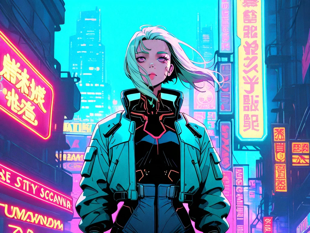 Cyberpunk, woman staying, Cyberpunk jacket, future city, neon lights, Front view, Waist Shot