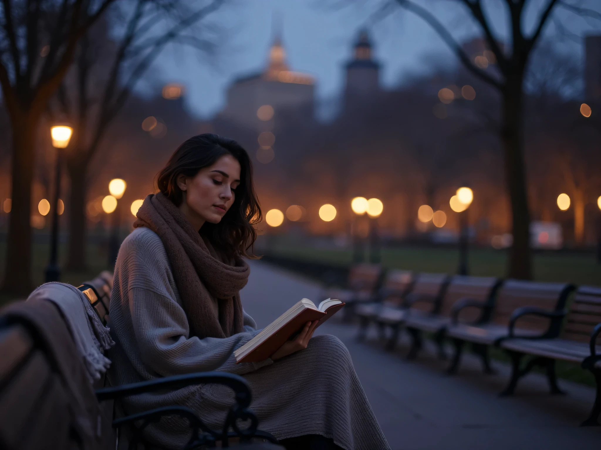 A serene view of Central Park at dusk, benches lined with cozy blankets, trees gently swaying in the breeze, and warm streetlights glowing softly. A person sitting on a bench, wrapped in a scarf, holding a journal with a dreamy expression, suggesting thoughts about sleep and creativity. Ultra realistic