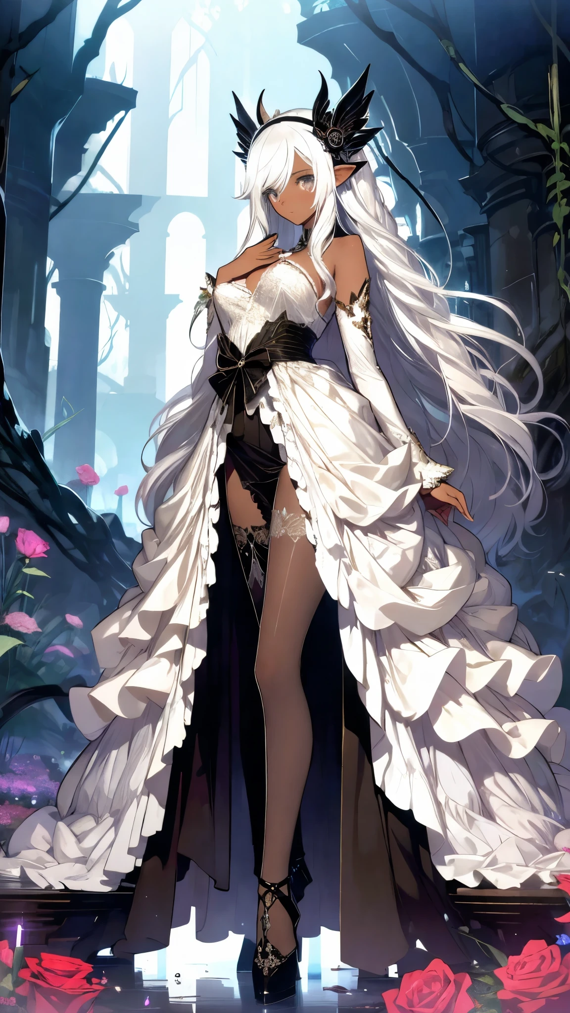 masterpiece, best quality, distinct image, 1 girl, 16 year old teenager, elegant and royal style ornate ruffled dress, solo. soft facial features, symmetrical shaped face, cherry red lip, alabaster white skin, sky blue eyes-colored eyes, tall height(185cm), slender yet thick, striking white hair, flowing long hairstyle, long and slender legs, curvy wide hips stretching the dress, full body image,