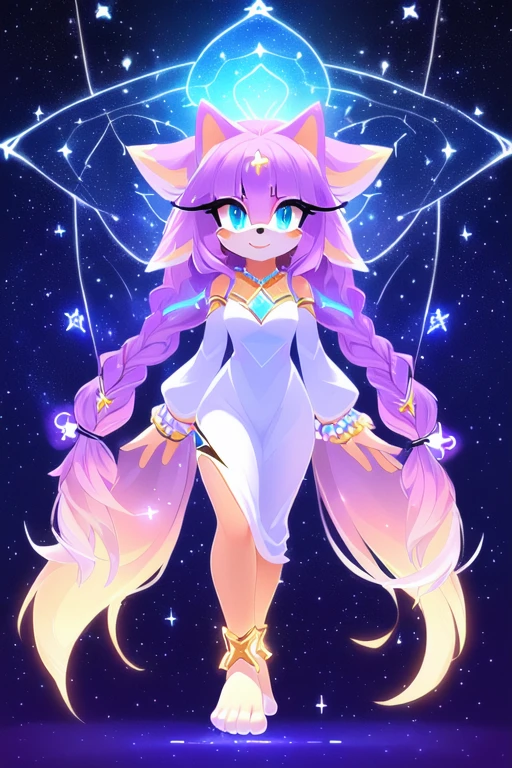 Celeste the female white anthro mink, white long hair, pink lipstick, boobs, pink celestial dress, green gem choker, mink feet, cute eyes, space in the background