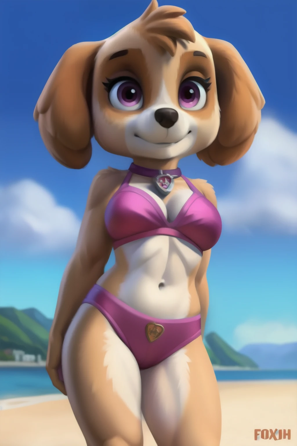 detailed fluffy fur texture, impasto impressionism, (by foxovh, ross tran, michael garmash, pino daeni, iskra), detailed eyes, highly detailed pupils, solo, furry, anthro, Skye-pp, domestic dog, female, magenta eyes, cream fur, golden brown body, fur body, fully clothed, detailed fluffy fur texture, curvy, wide hips, inner fluff ears, from front, standing, pink bikini, beach background, day, 1girl, :|, Big Breasts,