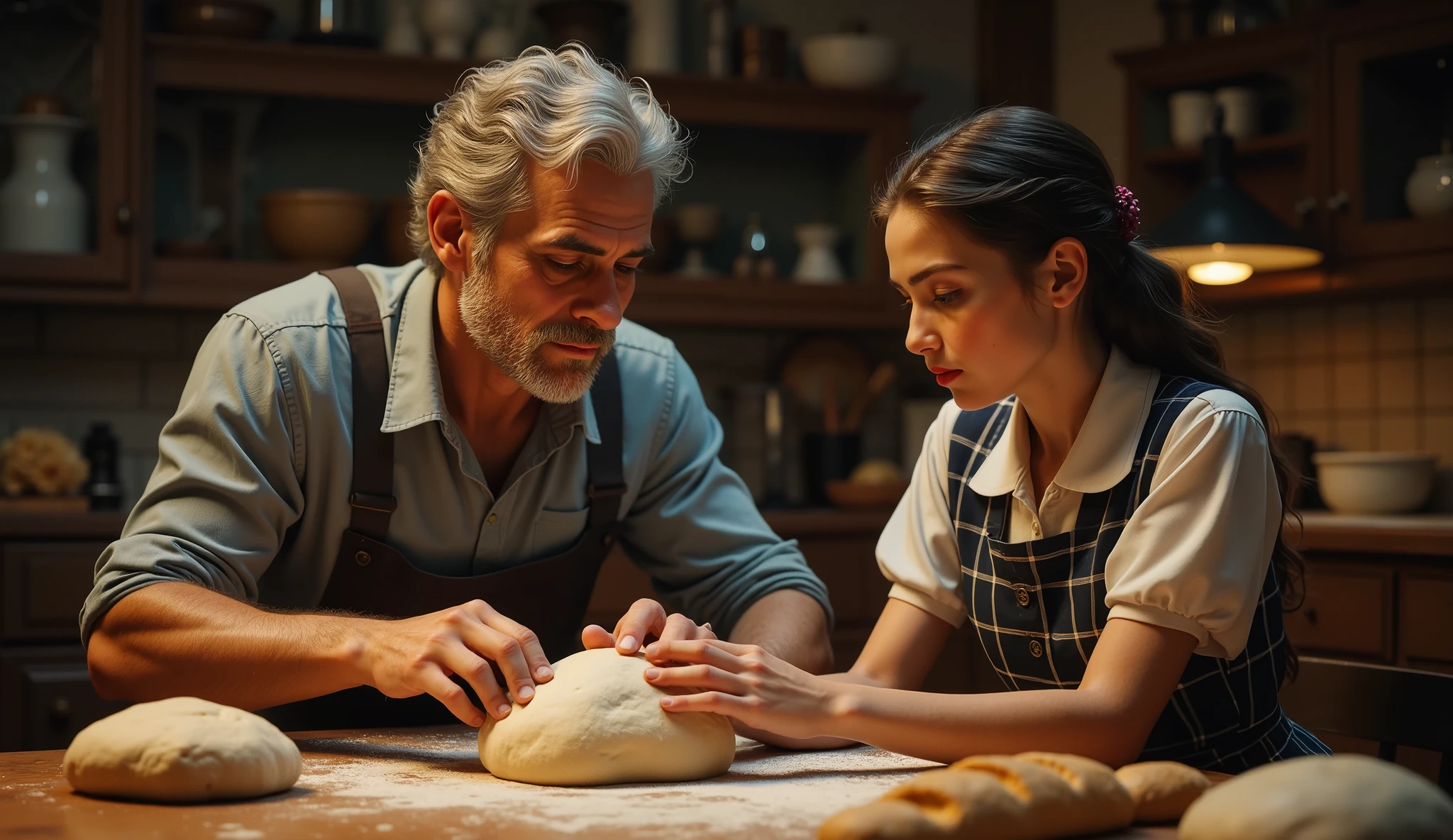 an older handsome man, about 35 years old, strong looking, and a ********** girl at a kitchen table together, kneading dough for french baguettes, wide angle, he is her teacher, the light is low, he is touching her hands as she rolls the long tube of doughr, he looks at him longingly, she is wearing a school uniform with plaid dress and black knee socks, her face is red, she is biting her lower lip, very tense and erotic scene, psychological tension, retro vibe, detailed, intricate, volumetric lighting, HD, 8x