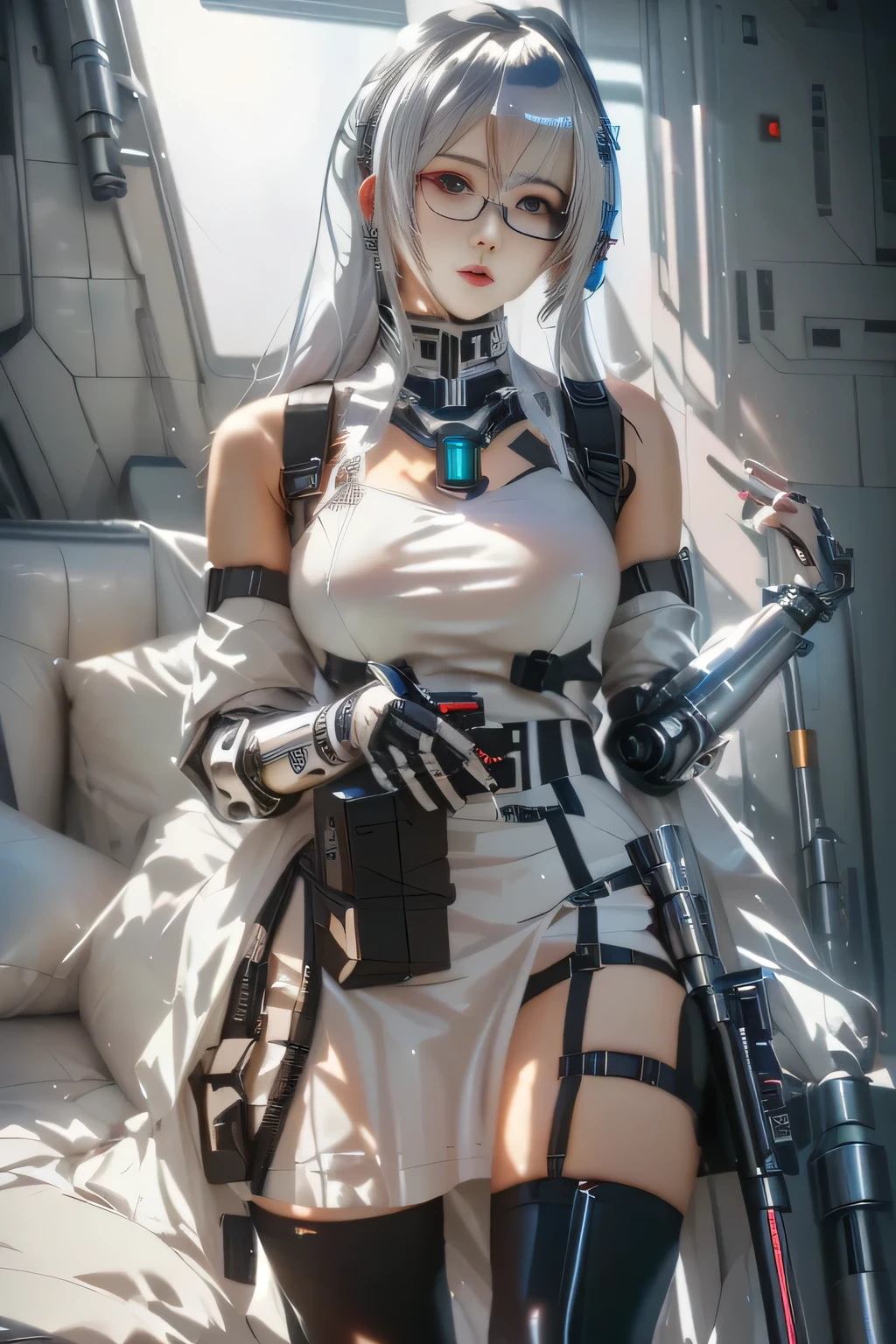 there is a woman in a white dress and black glasses holding a gun, female cyberpunk anime girl, in white futuristic armor, cyborg - girl with silver hair, perfect android girl, beutiful white girl cyborg, cyberpunk anime girl, wearing techwear and armor, tifa lockhart with white hair, cyberpunk anime girl mech, beautiful cyberpunk woman model