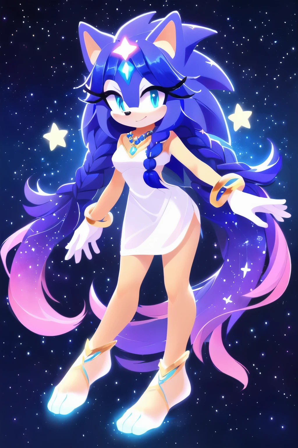 Sonic oc, Mobian, Sonic the hedgehog but female and white, female, Cosmic entity hedgehog, A beautiful whitish furred hedgehog, white furred, blue eyes, very long hair/quills, braided and beaded long hair bangs, long streaks of hair on each side of her face, (star constellation on hair, beads on hair, smooth fur, slim thick hourglass body, slim fit, wearing a long white garment, star markings on the left cheek, hair decorated with rings, flowing hair, glowing marks on feet, mother