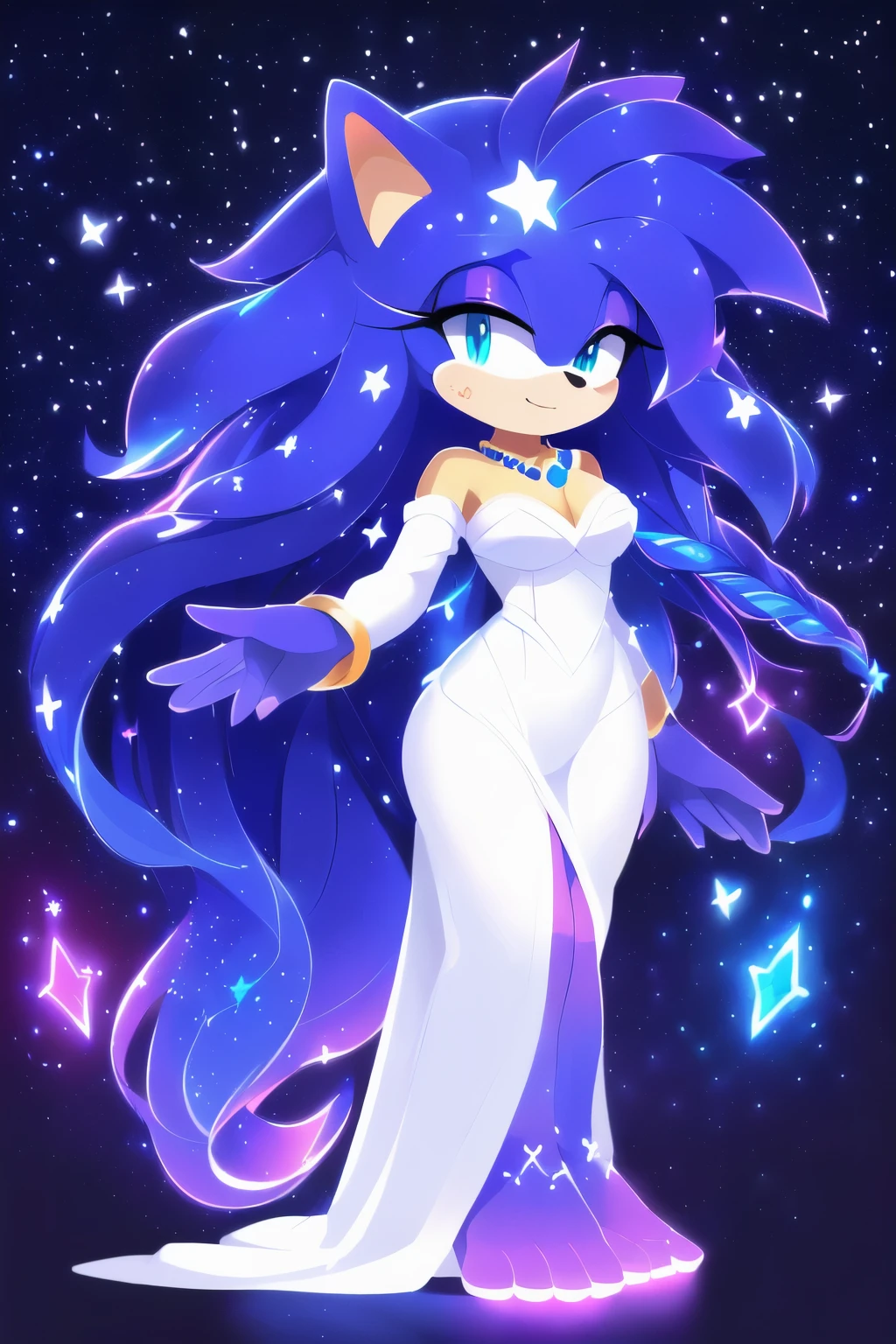 Sonic oc, Mobian, Sonic the hedgehog but female, female, Cosmic entity hedgehog, A beautiful bluish purple hedgehog, blue eyes, very long hair/quills, braided and beaded long hair bangs, long streaks of hair on each side of her face, (star constellation on hair, beads on hair, smooth fur, slim thick hourglass body, slim fit, wearing a long white garment, star markings on the left cheek, hair decorated with rings, flowing hair, glowing marks on feet,