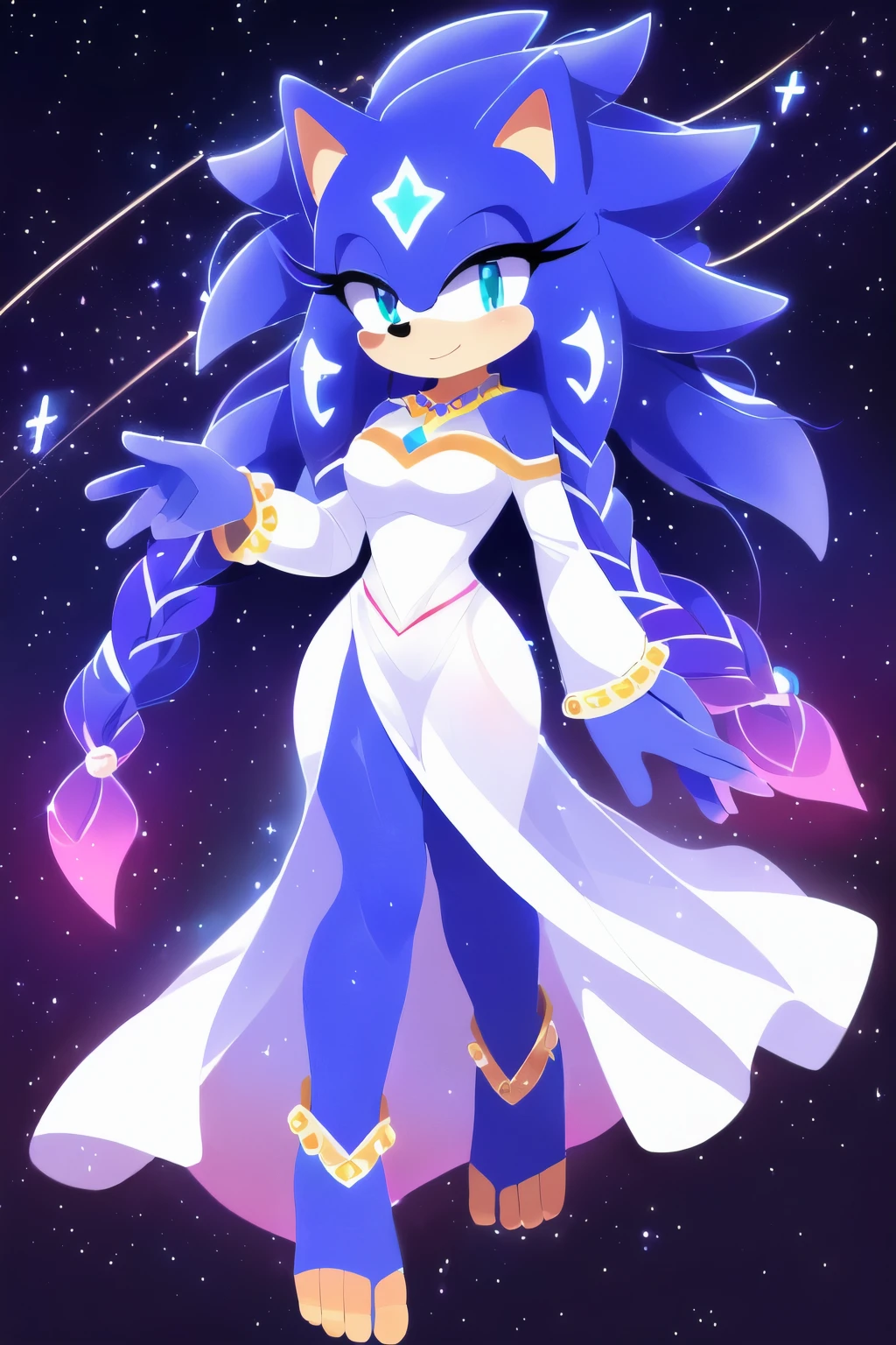 Sonic oc, Mobian, Sonic the hedgehog but female, female, Cosmic entity hedgehog, A beautiful bluish purple hedgehog, blue eyes, very long hair/quills, braided and beaded long hair bangs, long streaks of hair on each side of her face, (star constellation on hair, beads on hair, smooth fur, slim thick hourglass body, slim fit, wearing a long white garment, star markings on the left cheek, hair decorated with rings, flowing hair, glowing marks on feet,