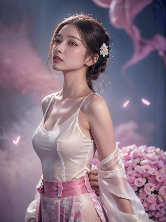 zhongfenghua,  1 girl,  only, Hanfu, antique_China_ Architecture, Flower Field, Floral, (White smoke:1.3) ( Realistic portraits :1.4), beat，Tangled, Mandala, twist,  Official Art ,  unity 8k wallpaper ,   super detailed ,  is pretty and pretty,  masterpiece, Best Quality, ( dynamic angle:1.4),  shiny skin, (  floats with colorful sparks:1)  the most beautiful form of chaos, Elegant, Brutalist Design, vibrant colors, Exotic romance , Depth of Field._dance, Red flowers，beat