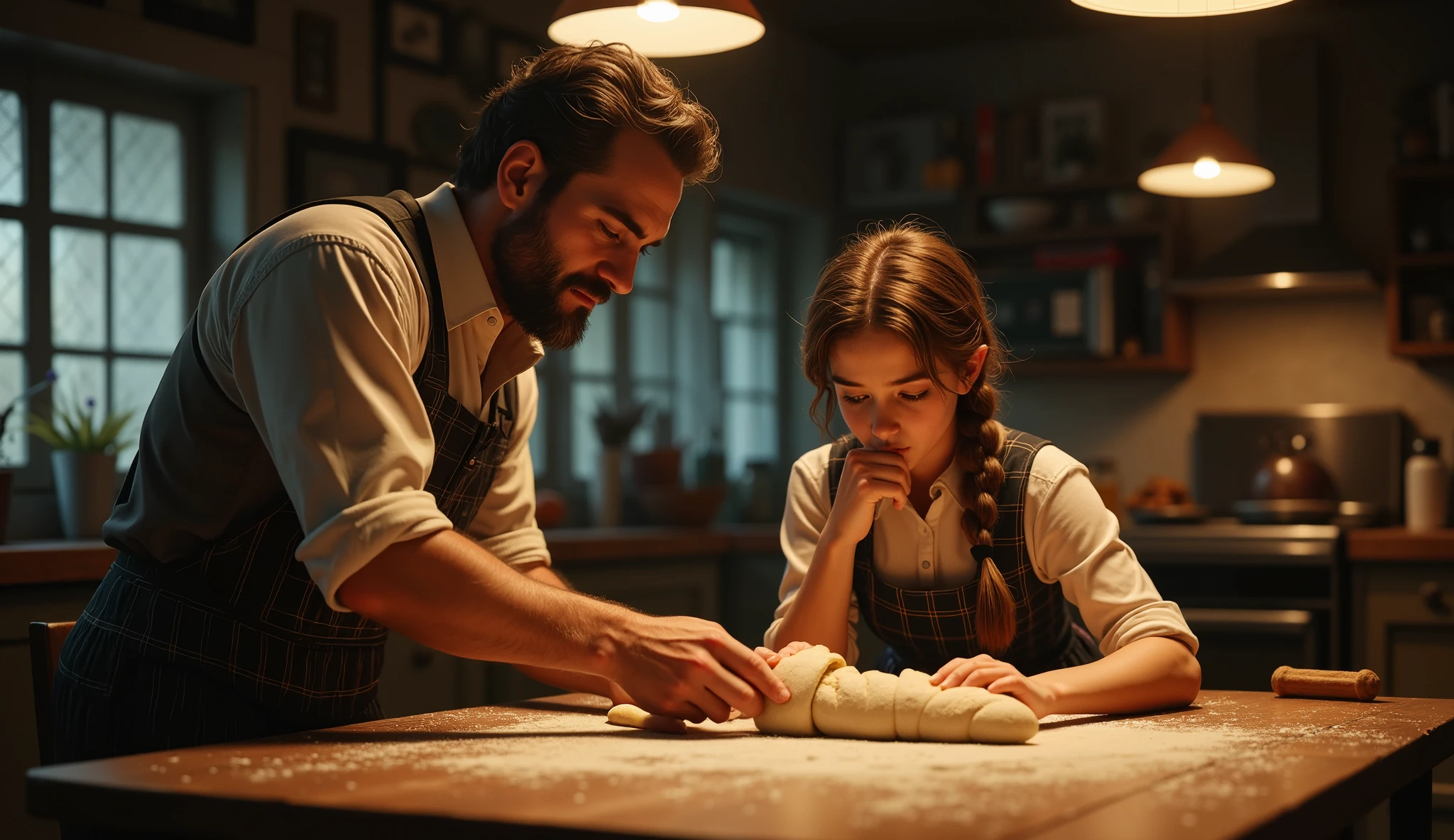 an older handsome man, about 35 years old, strong looking, and a  girl at a kitchen table together, kneading dough for french baguettes, wide angle, he is her teacher, the light is low, he is touching her hands as she rolls the long tube of dough, the bread dough is long now and she holds it up and giggles looking it as it bends over limply,  he looks at him longingly, she is wearing a school uniform with plaid dress and black knee socks, her face is red, she is biting her lower lip, very tense and erotic scene, psychological tension, retro vibe, detailed, intricate, volumetric lighting, HD, 8x