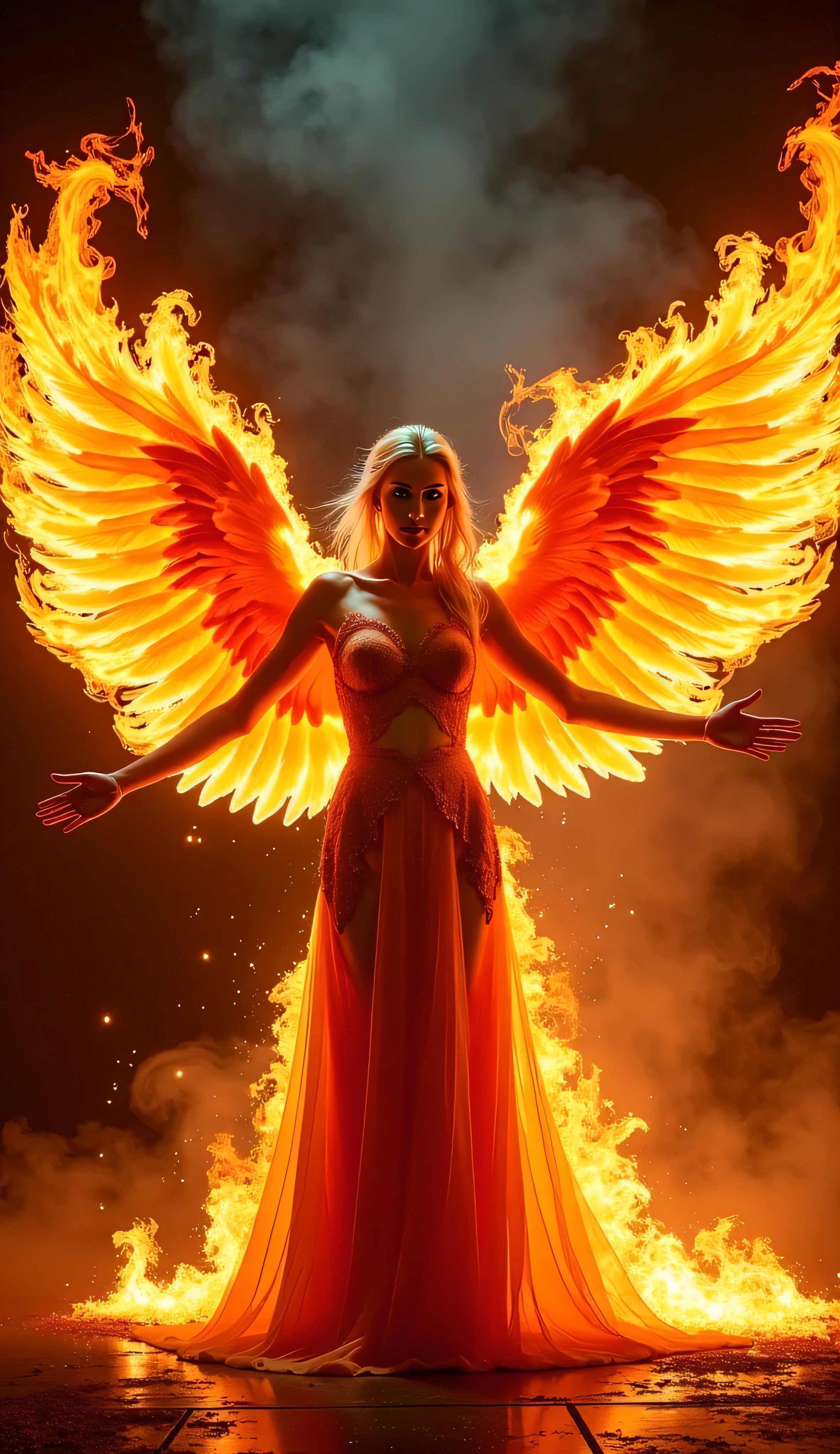 ((A small phoenix full of vitality is summoned.))、(A beautiful and sensual female summoner)、Beautiful Eyes、Beautiful and well-proportioned face、、(Sensual and revealing dress:1.2)、(Eye-catching super big breasts:1.47)、Fascinating super big ass、(Sexy and acrobatic summoning pose)、Correct fingers、((Summon the Fiery Phoenix))、Summoning Magic Circle、Exquisitely drawn wings of fire、dramatic scene、Magnificent fantasy landscapes、Cinematic lighting、Digital Art、Concept Art Style、magical realism、(Highest quality、8k、High resolution、masterpiece:1.2)、Ultra-Details、(Real、Photorealistic、Photo-Realistic:1.37)、HDR、Very detailed explanation、Vivid colors、View your viewers、A confident smile、wilderness