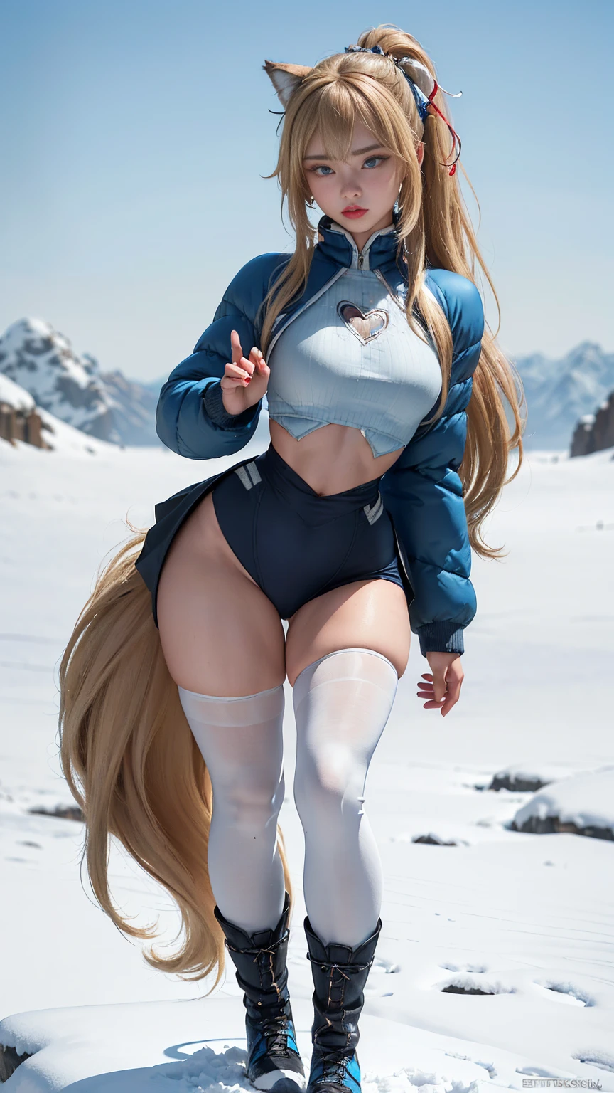 ((very detailed RAW color photo)), (((1 girl))), (((alone))), (((14 years))), ((athletic)), ((very defined toned physique)), ((very defined and beautiful muscular body)), (((very detailed perfect body))), (((small and defined breasts))), (((ultra defined curves))), (((superior quality, 8k, masterpiece: 1.3)), sharp focus: 1.2, (((extremely beautiful girl with perfect figure: 1.4))), ((very thin waist: 1.2)), ultra detailed skin texture, ((perfect and beautiful hands)), ((smooth and soft skin)), (ultra detailed fabric texture), extremely beautiful ultra detailed face, (((extremely beautiful))), intricate details, ultra detailed, (((girl wearing a tight thermal mountain jacket with skirt and hiking boots))), (((extremely long straight blonde hair))), extremely beautiful, (((extra long ponytail with bangs))), ((very detailed and beautiful wolf ears)), (hair on the face), ((hair ribbon)), dynamic pose, ((uniform leaves thighs exposed)), ((ultra detailed and toned legs)), (((ultra detailed waist))), (((very wide hips))), (((very thick and toned thighs))), (sexy), (((extreme hourglass figure))), (((very thick heart lips))), ((red lipstick)), ((ultra detailed lips)), ((ultra detailed blue eyes)), ((angry look)), (((staring at the viewer))), ultra-detailed provocative mouth, extremely beautiful seductive lips, ((blushing)), (makeup), (((ultra-defined waist))), eye shadow, (full body shot), on a snowy mountain, outdoors, with a beautiful lake.