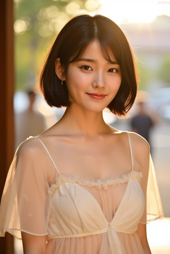 highest quality, Realistic, 8k, High resolution, Realistic, detailed, Skin Texture, detailed, Delicate and sexy collarbone, ((smile)),, detailed lips, Fine grain, 20 yo woman、Delicate eyebrows、colorful、Standing full body shot, in front of hotel entrance, Coming-of-age ceremony with morning sunlight streaming in、smile、 one woman, (Exposed breasts: 1.9, Cleavage exposure: 1.6), Nice, (Whole body 1.5, small: 1.8)), ((off shoulder Transparent night dress:1.2))、 (Short Bob P: 1.8, Parted bangs: 1.6), View your viewers, Realistic, (Bokeh), (Floating Hair , lips,), Small breasts, Fascinating eye reflection, nsfw