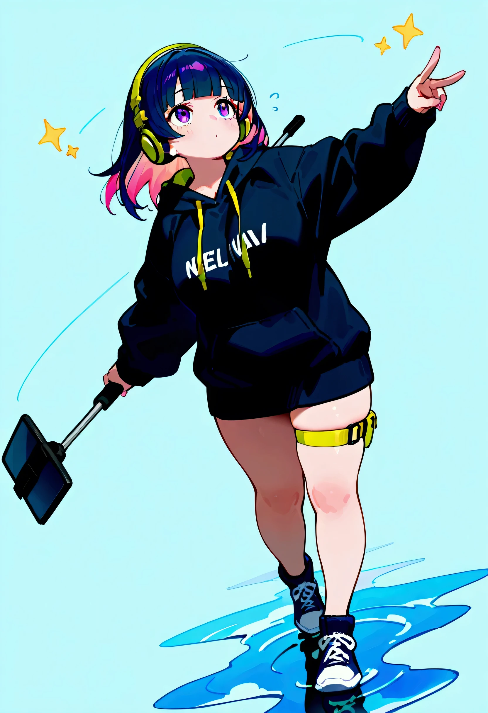 Masterpiece,  best quality ,8K 
Gender :  female
Number of characters : 
Age Group : 18 years
hairstyle : Medium Hair, blunt bangs
Hair Color : dark navy blue,[pink inner hair: 1.3]
 clothing style  :  BIG SIZE BLACK HOODIE 、 plain
ACCESSORIES  :  Stylish Headphones
Item : selfie stick
POSE :Look up at the sky
Composition : full body, 
angle: from back, 
Body Type: plump body type,
background : no background,
 cozy and futuristic 
Brilliant light and soft reflection
