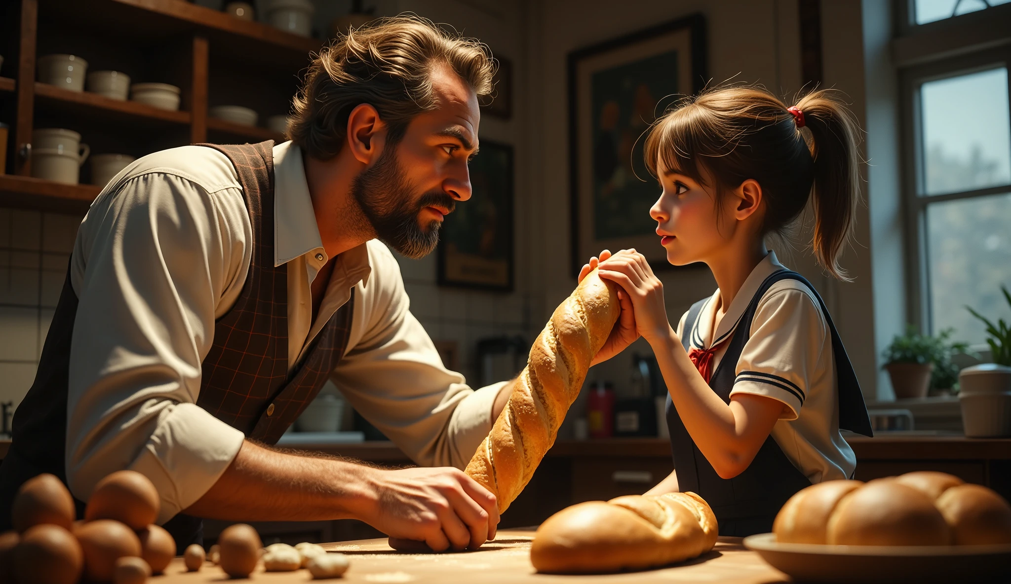 an older handsome man, about 35 years old, strong looking, and a  girl at a kitchen table together, kneading dough for french baguettes, wide angle, he is her teacher, the light is low, he is touching her hands as she rolls the long tube of dough, the bread dough is long now and she holds it up and giggles looking it as she tugs on the diugh, he looks at him longingly, she is wearing a school uniform with plaid dress and black knee socks, her face is red, she is biting her lower lip, very tense and erotic scene, psychological tension, retro vibe, detailed, intricate, volumetric lighting, HD, 8x