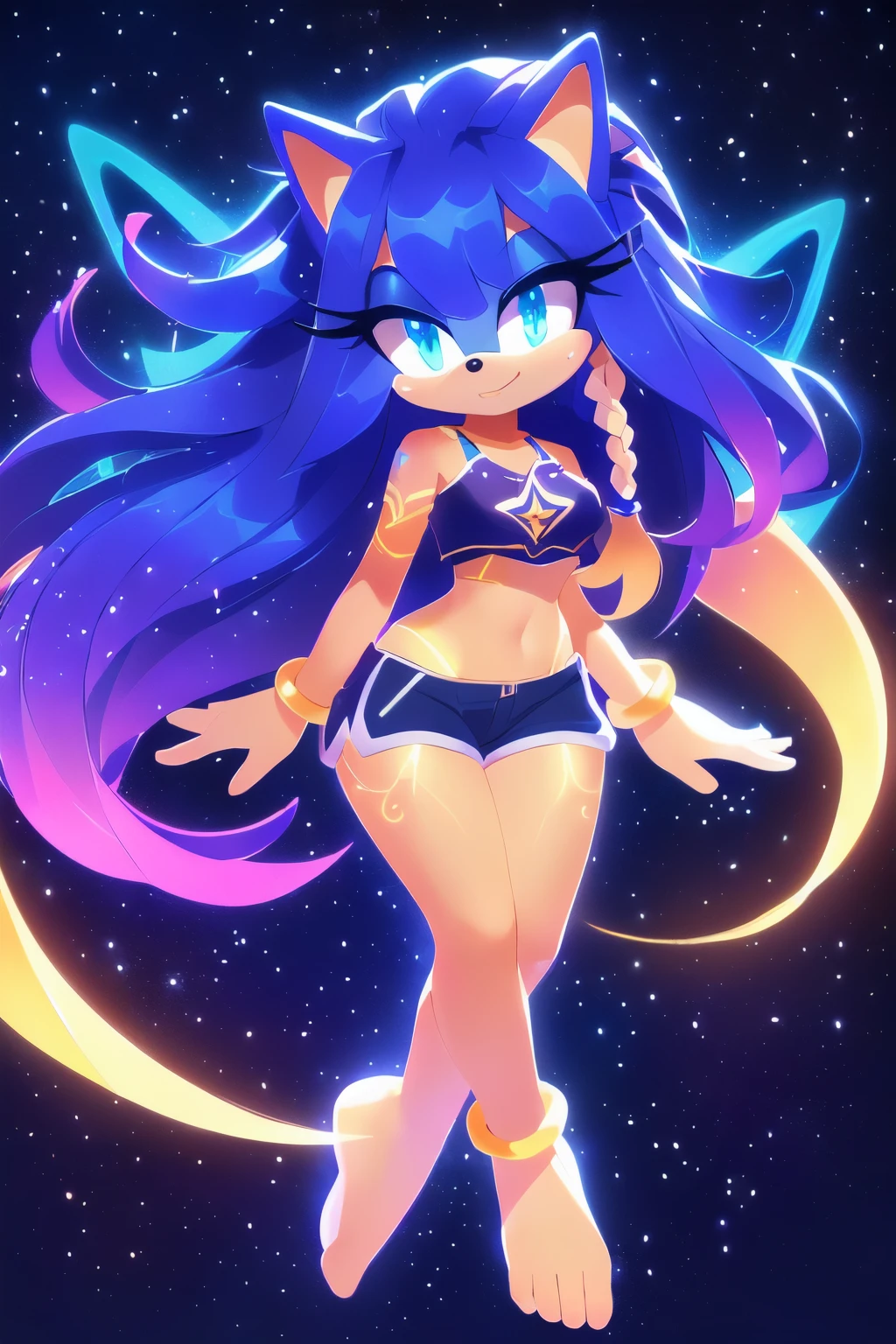 Sonic oc, Mobian, Sonic the hedgehog but female, female, Cosmic entity hedgehog, A beautiful bluish purple furred hedgehog, blue eyes, very long hair/quills, braided and beaded long hair bangs, long streaks of hair on each side of her face, (star constellation on hair, beads on hair, smooth fur, slim thick hourglass body, slim fit, wearing a green cropped top and shorts, star markings, hair decorated with rings, flowing hair, glowing marks on feet, mother