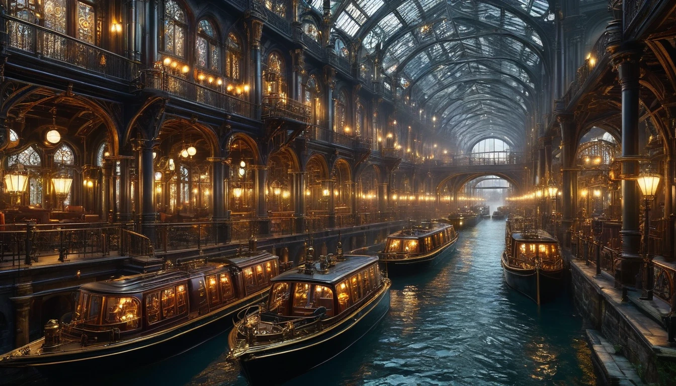 A grand steampunk interior featuring a lavish canal system surrounded by ornate, gothic-inspired architecture. The scene is illuminated by warm, golden light from gas lanterns, with intricate steam-powered machinery in the foreground emitting puffs of white steam. The setting includes archways, detailed carvings, and bustling crowds, evoking a sense of 19th-century industrial opulence. The water reflects the glowing ambiance, while small boats and bridges add depth to the vibrant, mechanical atmosphere. The clockwork mechanisms and metal pipes are seamlessly integrated into the architecture, enhancing the steampunk essence