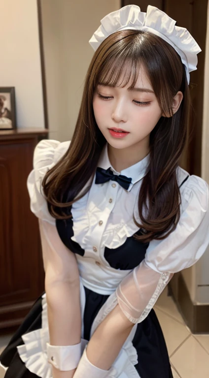 masterpiece, best quality, illustration, Super detailed, fine details, High resolution, 8K,wall paper, perfect dynamic composition,(Details High quality, realistic depiction of eyes:1.3), waitress uniform, restaurant, large breasts, short bob hair、black hair color, Big Natural Color Lip, bold sexy pose, crying a little、little smile, Harajuku style、20 year old girl、cute type、lolita、beautiful legs, gravure idol, Voluptuous thighs