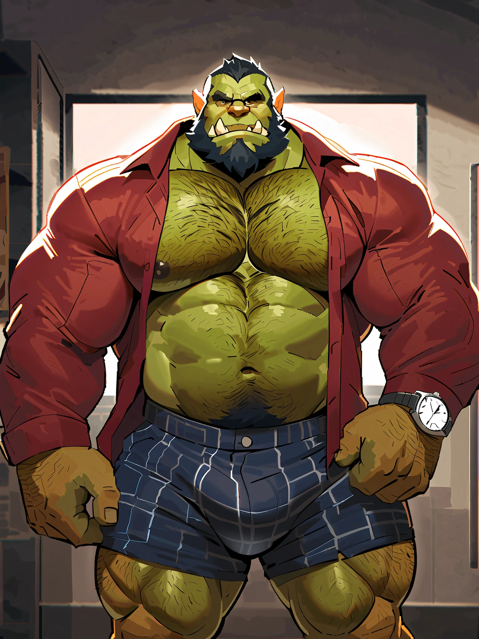 Green skinned bara orc, very large pecs, strong physique, very muscular with a belly, belly, alpha male, perfect anatomy, strong square jaw, masterpiece, black bushy beard, black eyes, thick black frame square glasses, lustful eyes looking at viewer, strong jaw, giant biceps, bare chested, long sleeve white dress shirt unbuttoned, loose fitting unbuttoned shirt, hairy pectorals, hairy chest, military orc daddy, small belly, no six pack muscles, solo, in loose fitting plaid old fashioned boxers, underwear, XXXXL straight boxers, 5" inseam boxers, fly in front with button boxers, broad waistband, watch on wrist, big muscle ass, great indoor lighting, hairy, nude, king Orc, very manly, dad living room theme, glow of the TV in the background, playful expression, grabbing crotch bulge with hand