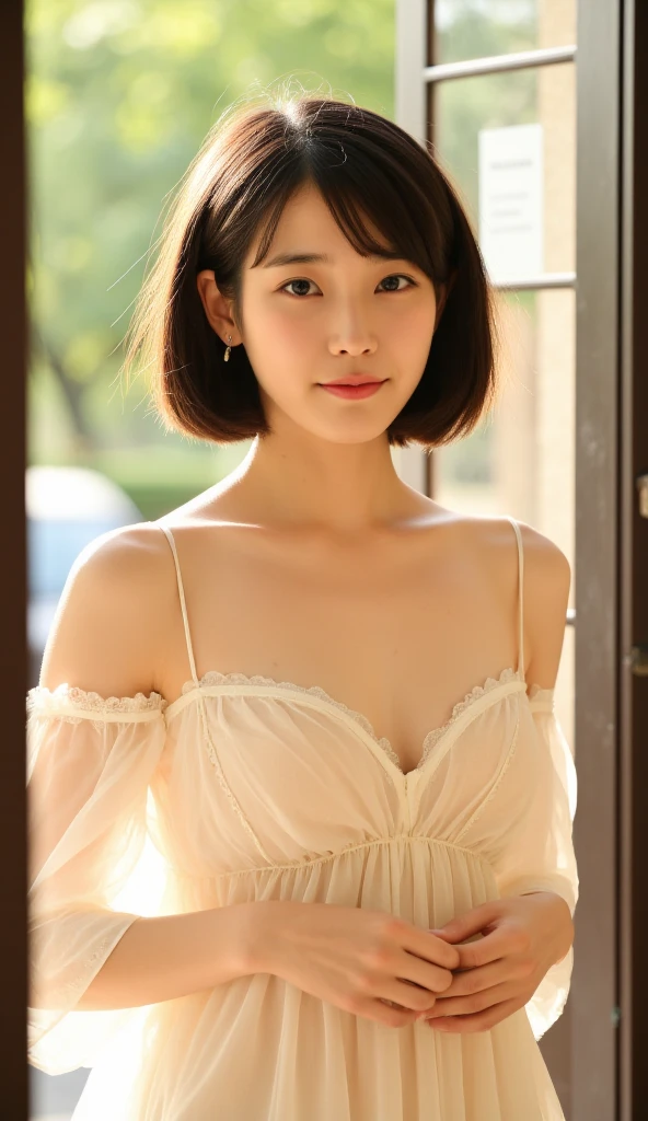 highest quality, Realistic, 8k, High resolution, Realistic, detailed, Skin Texture, detailed, Delicate and sexy collarbone, ((smile)),, detailed lips, Fine grain, 20 yo woman、Delicate eyebrows、colorful、Standing full body shot, in front of hotel entrance, Coming-of-age ceremony with morning sunlight streaming in、smile、 one woman, (Exposed breasts: 1.9, Cleavage exposure: 1.6), Nice, (Whole body 1.5, small: 1.8)), ((off shoulder Transparent night dress:1.2))、 (Short Bob P: 1.8, Parted bangs: 1.6), View your viewers, Realistic, (Bokeh), (Floating Hair , lips,), Small breasts, Fascinating eye reflection, nsfw