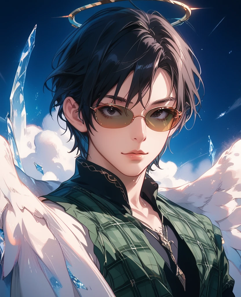 A man with a cool, beautiful face   , his sunglasses have a horizontal black design 、 arranged to hide the character's eyes 、 he is operating a silver laptop、 his costume is a green plaid shirt , dress up in fantasy , his hairstyle is simple, well-groomed, and short black hair 、 has natural movement at the tips of his hair 、Delicate decoration、 background is designed in the image of space and includes a blue earth and a small UFO、 4K resolution, 最 High Quality ,  In Front Of The Public , Masterpiece, Crystal black eyes , Broken  angel Halo,  angel&#39;The 2 black wings 、 High Quality ,