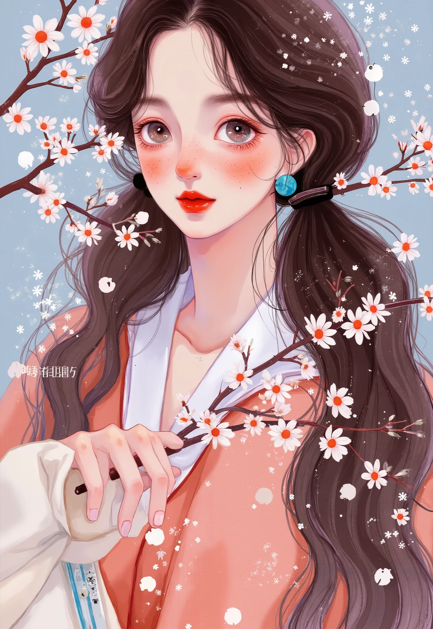 girl, long brown hair, brown eyes, sharp features, white skin, light pink lips, perfect, bright colors, winter style .