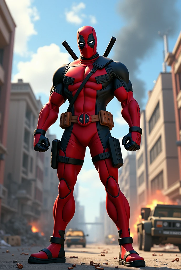 I want a Pixar-style animation, From Daedpool standing adult, in a setting of war and fighting , with a city background .