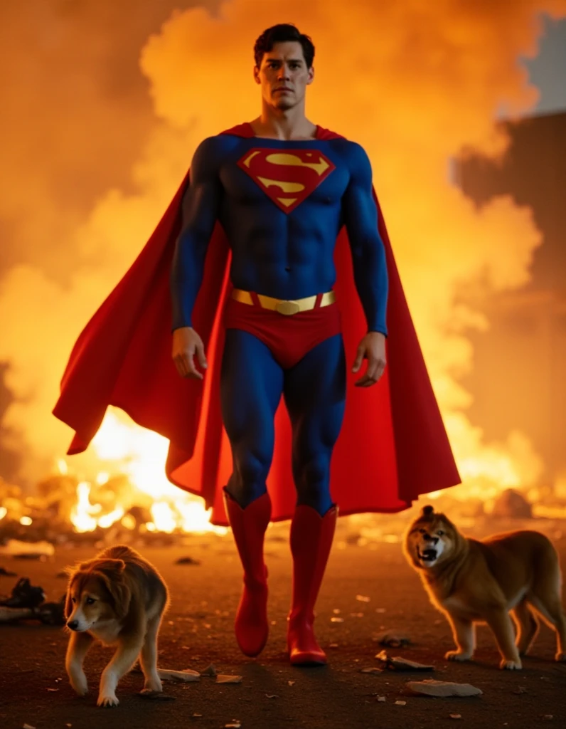 Superman saving animal lives from fires .a buff man in a superman costume (think movie version of Superman-black undercut, blue tights and red cape and red boots and red briefs)