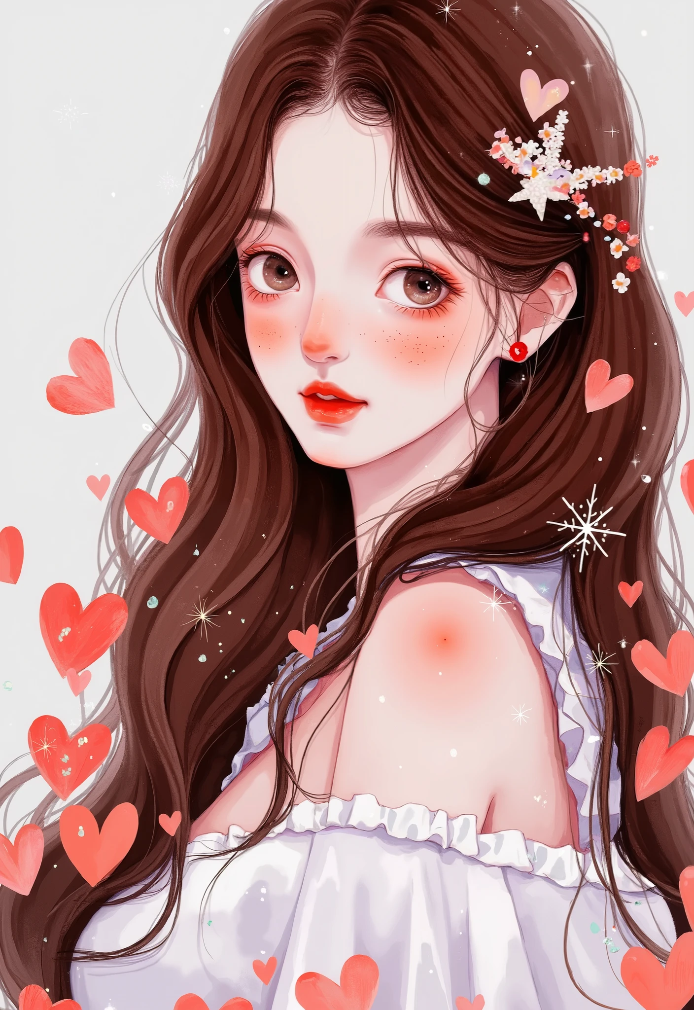 girl, long brown hair, brown eyes, sharp features, white skin, light pink lips, perfect, bright colors, winter style .