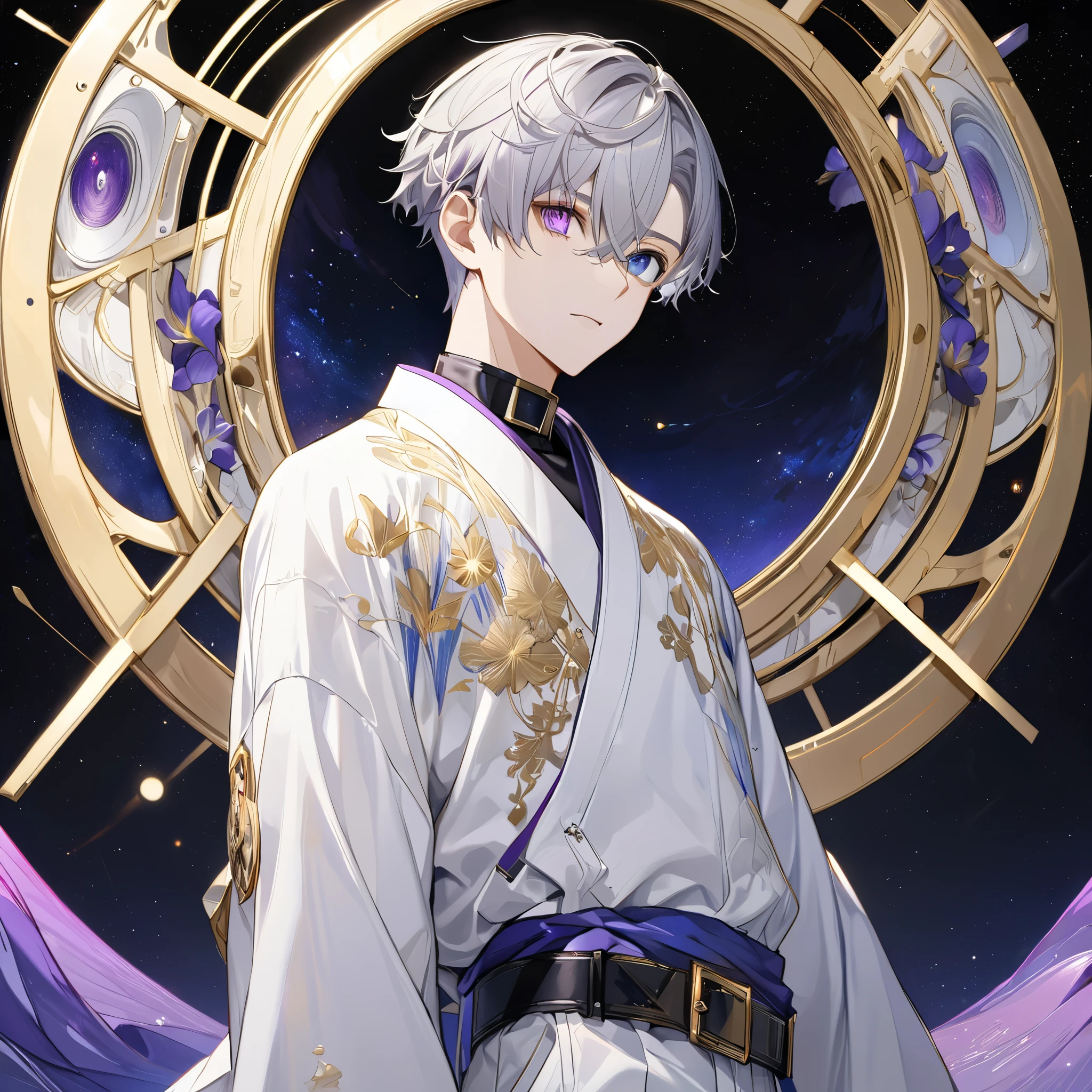  fresh illustration ,
Superfine painting,
 very delicate illustration ,
 Very fine details ,
Picture of only one boy ,
Height: 158cm,
 white skin,
(( complete iris heterochromia where the right eye is purple and the left eye is blue)),
 beautiful eyes,
 large black pupils ,
 short hair,
Gray Hair,
 hair roots are bluish ,
 The hair has gradation ,
 shiny hair with makeup,
Beautiful and pretty face,
A small rear wheel that shines brightly floats above the head ,
 raised eyebrows ,
 and is wearing a kimono on the upper body in kimono,
Masculine physique,
 Six Pack,
 Super Skinny,
No boobs,
 lower body Nadres ,
The color of the belt is black ,
Overall white clothes ,
 The design is tastefully embroidered with gold thread,
 fine fabric clothing ,
The number of fingers on a hand is five,
Isometric,
Golden Ratio,
god々 like atmosphere,
 The undershirt is indigo-colored with a stand-up collar,
 outer space ,
Milky Way,
Little Star々 upper body ,
 tactical use of shadows ,
 rings of the head and hair do not stick out of the angle of view,
Clothes don't stick out of the angle of view ,
 body orientation is symmetrical ,
Clothes are symmetrical,
(( standing))
 facing the front,
(Knee Shot),
( Long Shots),
