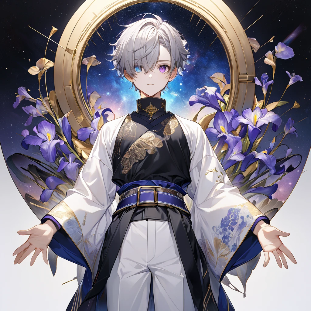  fresh illustration ,
Superfine painting,
 very delicate illustration ,
 Very fine details ,
Picture of only one boy ,
Height: 158cm,
 white skin,
(( complete iris heterochromia where the right eye is purple and the left eye is blue)),
 beautiful eyes,
 large black pupils ,
 short hair,
Gray Hair,
 hair roots are bluish ,
 The hair has gradation ,
 shiny hair with makeup,
Beautiful and pretty face,
A small rear wheel that shines brightly floats above the head ,
 raised eyebrows ,
 and is wearing a kimono on the upper body in kimono,
Masculine physique,
 Six Pack,
 Super Skinny,
No boobs,
 lower body Nadres ,
The color of the belt is black ,
Overall white clothes ,
 The design is tastefully embroidered with gold thread,
 fine fabric clothing ,
The number of fingers on a hand is five,
Isometric,
Golden Ratio,
god々 like atmosphere,
 The undershirt is indigo-colored with a stand-up collar,
 outer space ,
Milky Way,
Little Star々 upper body ,
 tactical use of shadows ,
 rings of the head and hair do not stick out of the angle of view,
Clothes don't stick out of the angle of view ,
 body orientation is symmetrical ,
Clothes are symmetrical,
(( standing))
 facing the front,
(Knee Shot),
( Long Shots),
